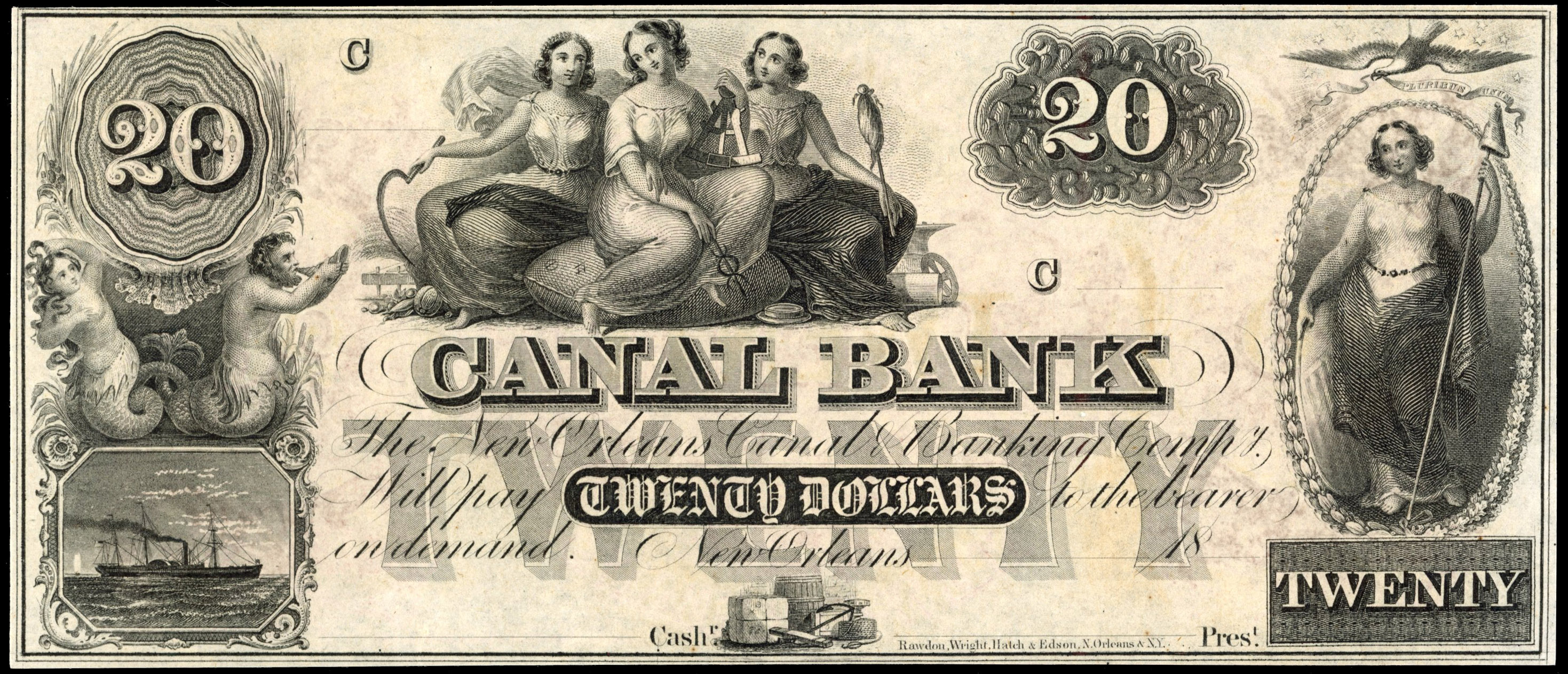 USA, LA. New Orleans, Canal Bank unissued Twenty Dollars, circa 1850, brick-red design on rev. Uncirculated.…