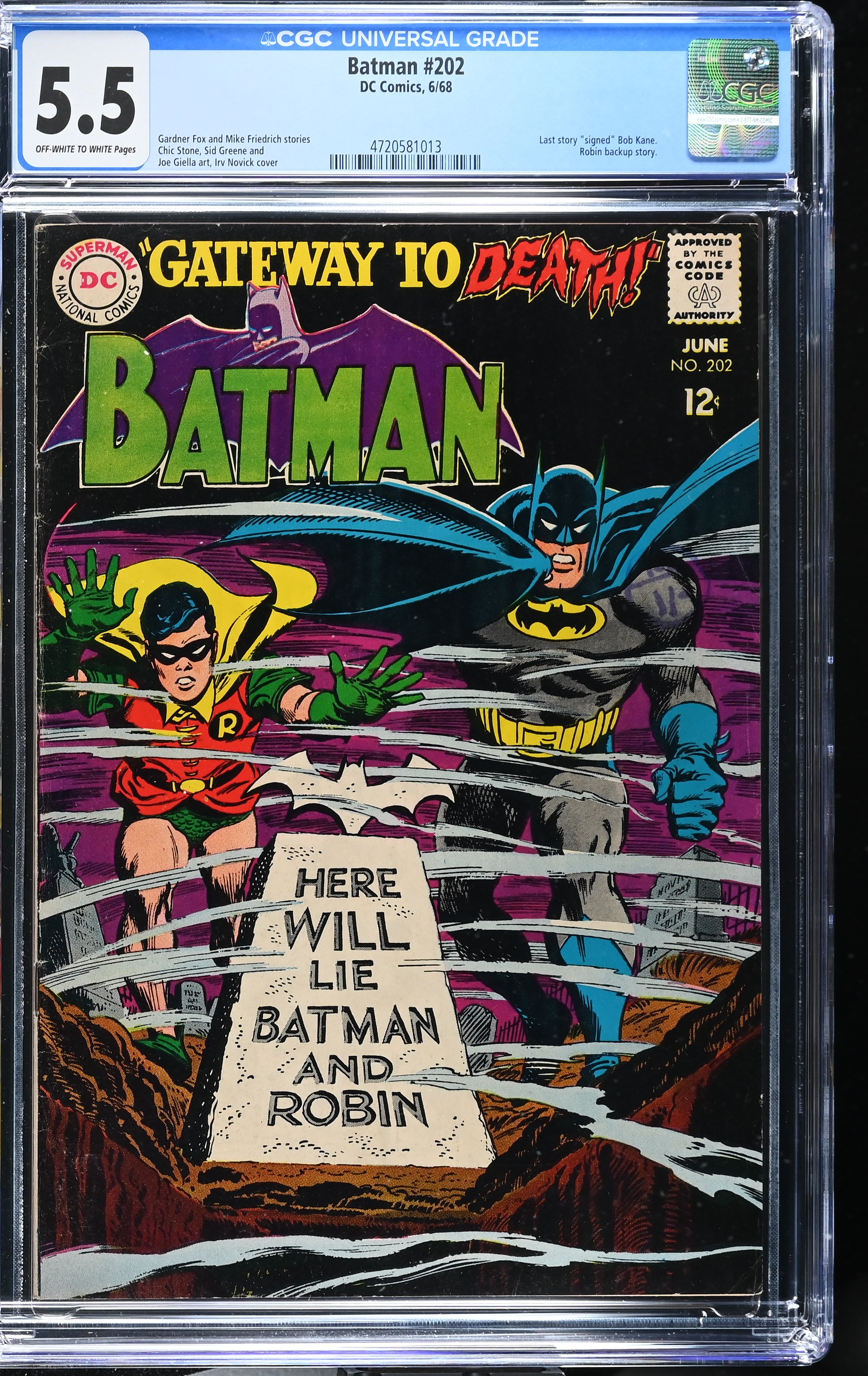 Batman #202 CGC 5.5 "Gateway to Death!" Last Story Signed Bob Kane (DC Comics, 1968) Off-White to White Pages
