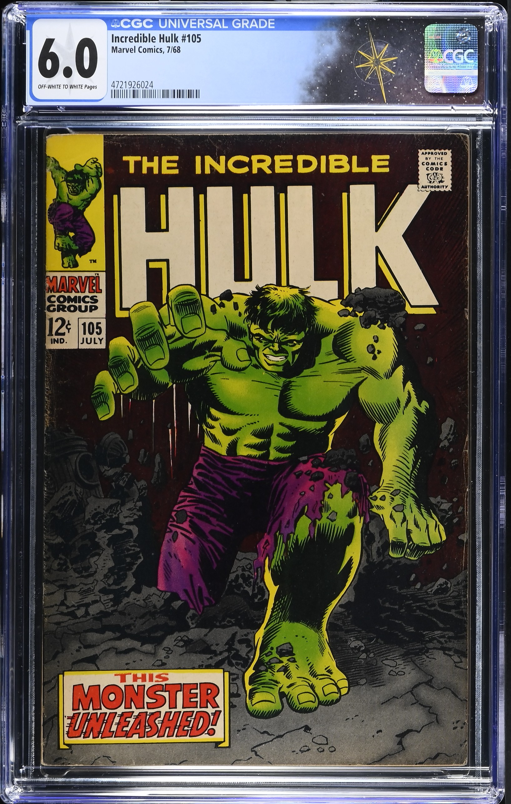 Incredible Hulk #105 CGC 6.0 “This Monster Unleashed!” Marie Severin Cover (Marvel Comics, 1968) Off-White to White Pages