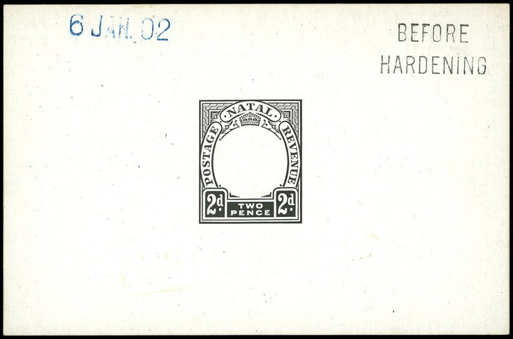 1902 Die Proof of 2d Duty Plate in black on glazed card 93 x 60mm, dated 6 JAN. 02 in blue and marked BEFORE HARDENING. ...