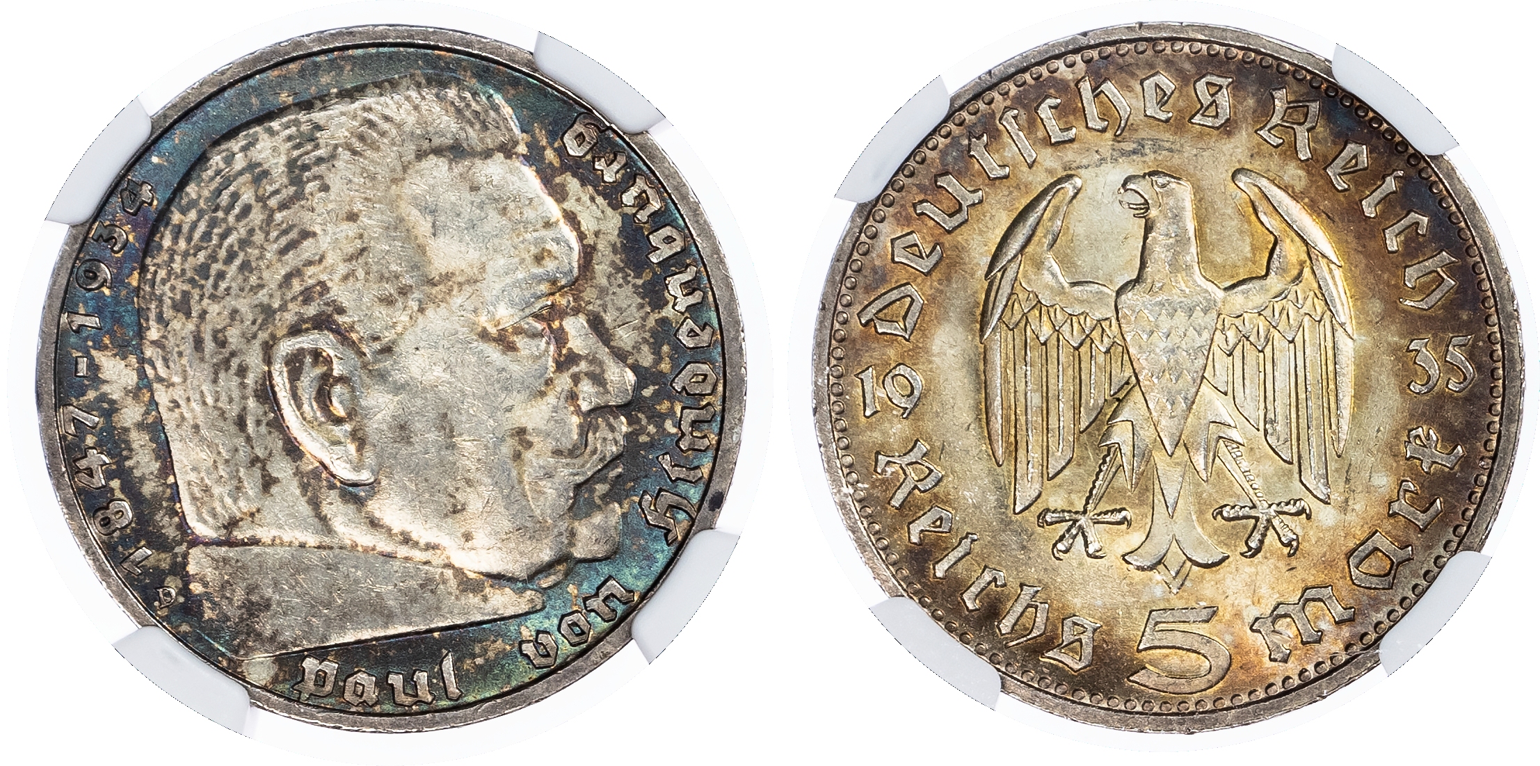 Germany, Third Reich. Hindenburg AR 5 Marks. 1935D. 