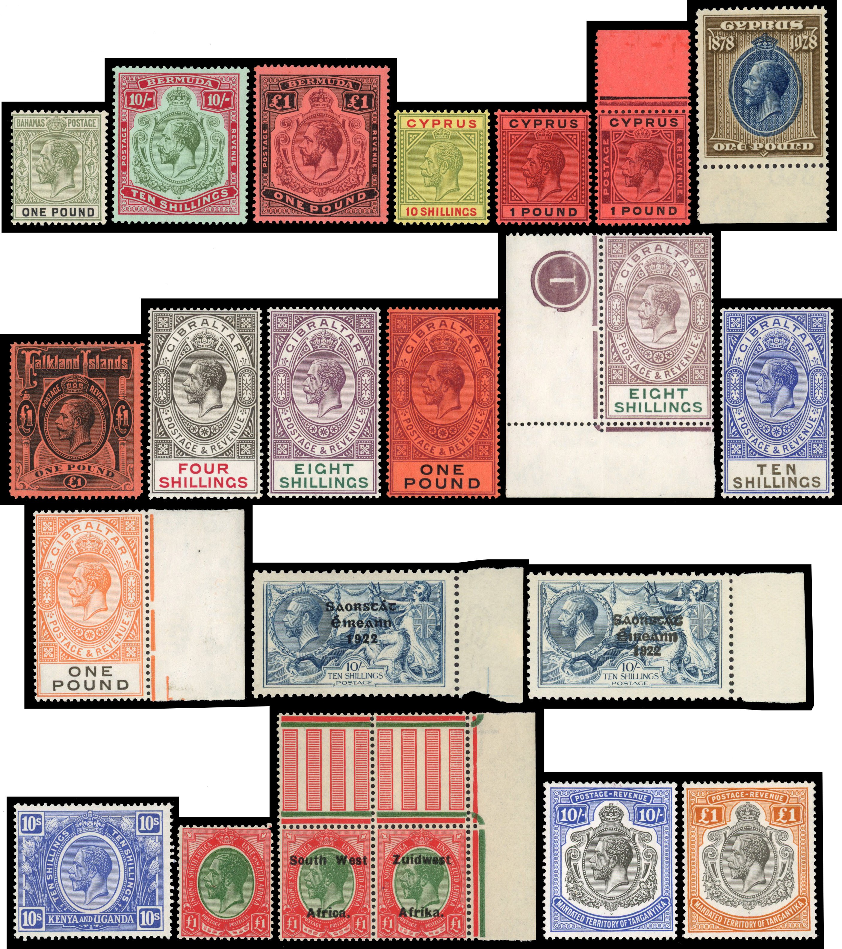KGV mint selection on Hagners including Bahamas 1912 £1, Bermuda 1918 10s and £1, Cyprus 1923 10s and £1, 1924 £1