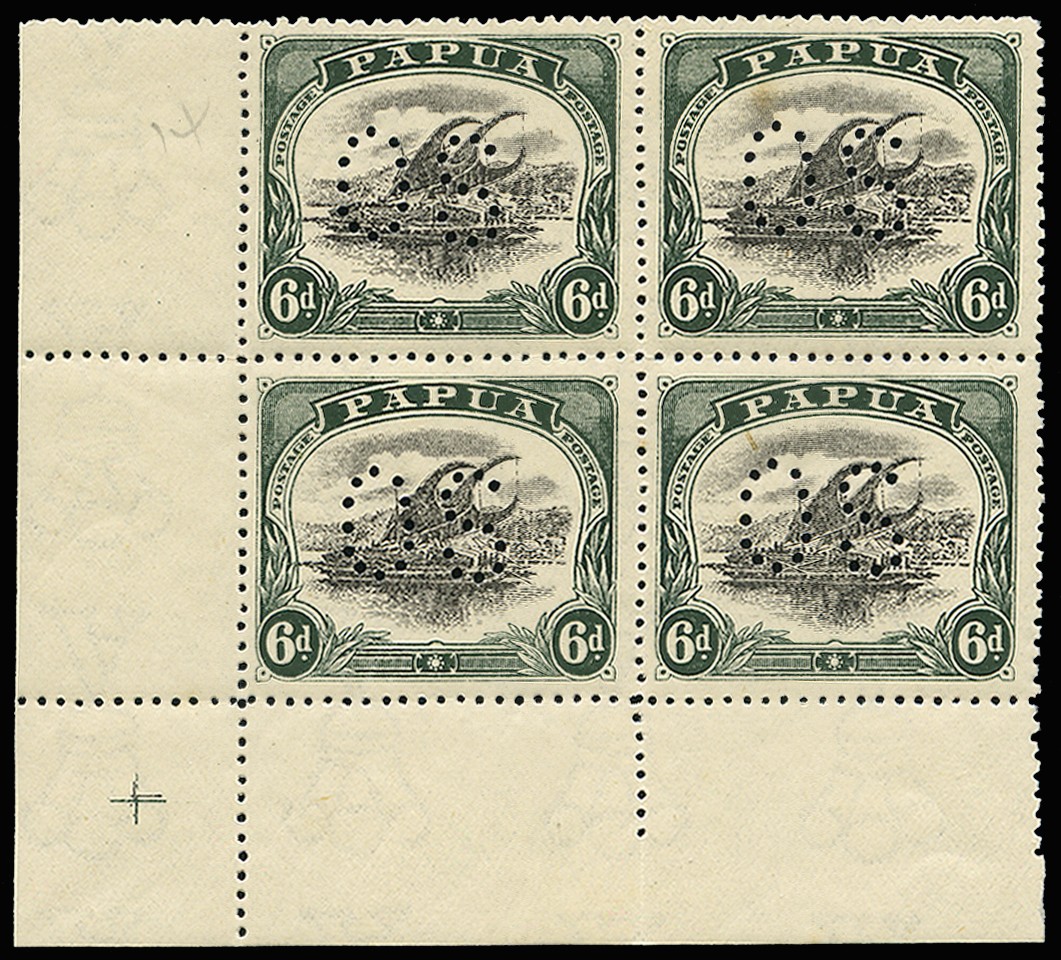 Official. 1910-11 "Large PAPUA" 6d black and myrtle-green,...