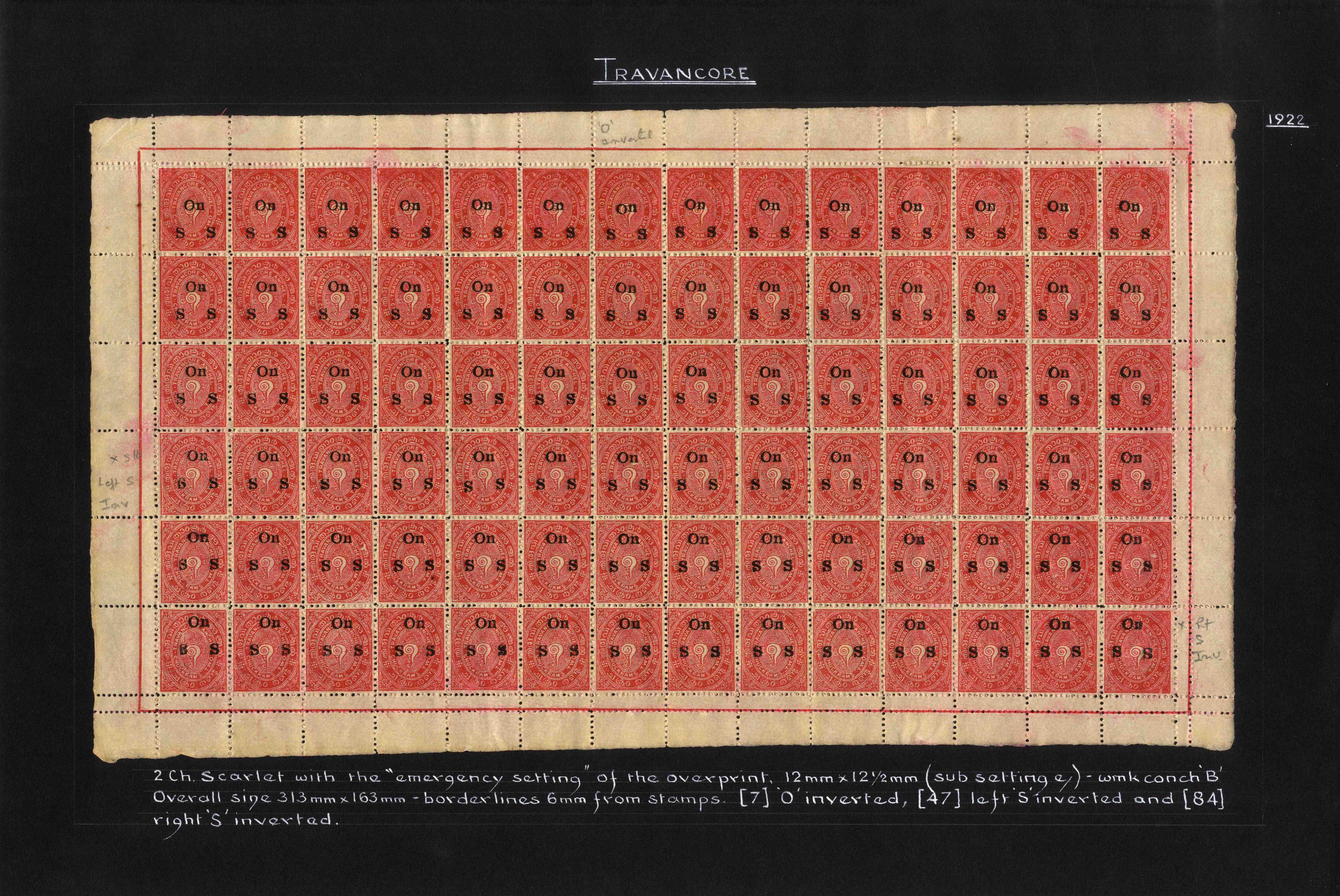 I.F.S. Travancore SG O6/O23 (between) Official sheets (8) unused