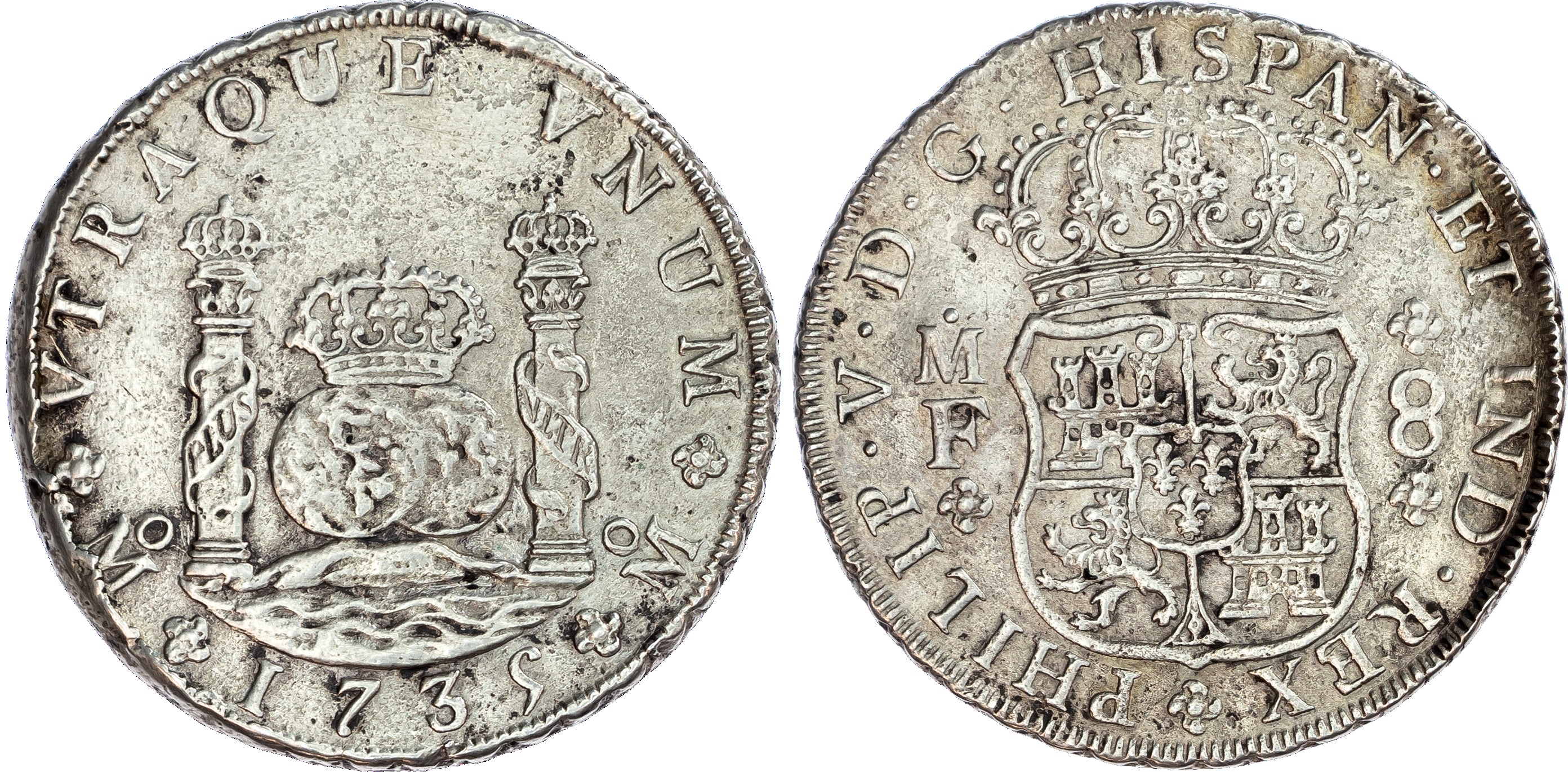Mexico, Philip V (1700‑1746), silver 8 Reales, 1735 Mo‑FM, Mexico City, 25.60g.
