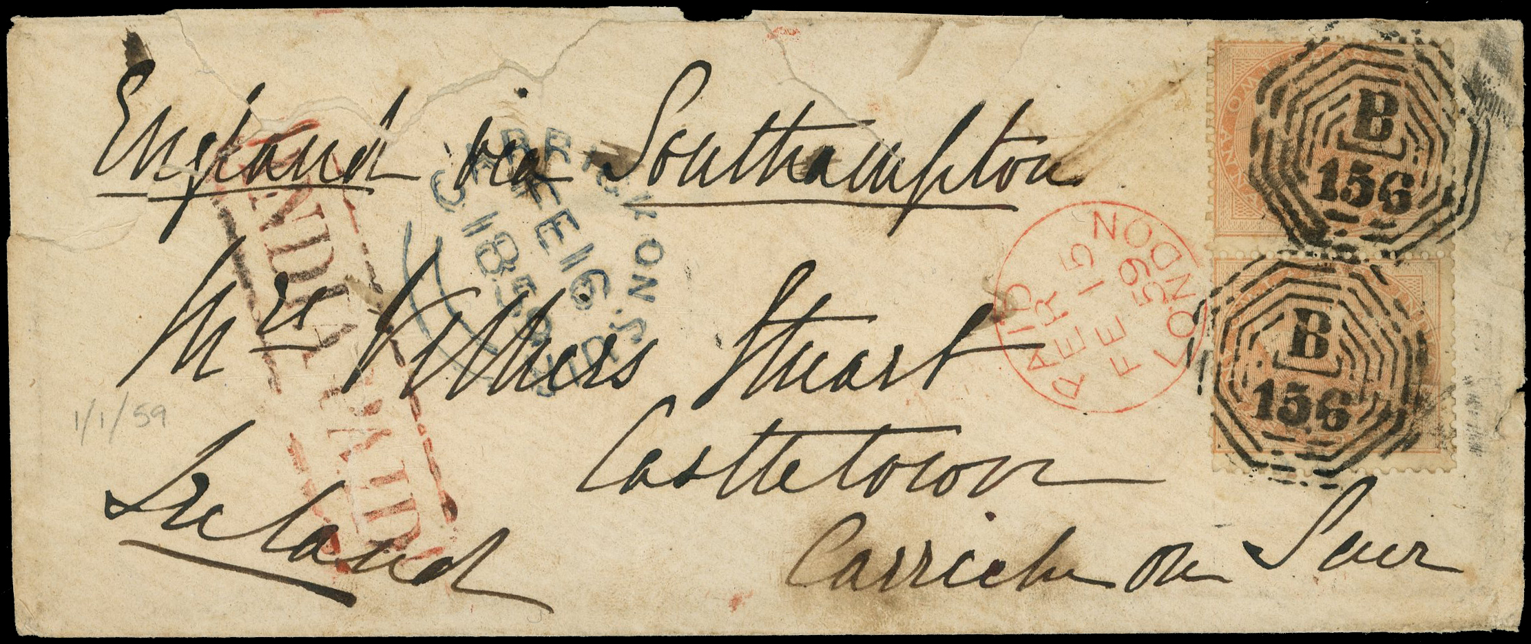 INDIA: 1859 (1 Jan) cover Rangoon to Ireland “via Southampton” in m/s with 2a pair tied ‘B/156’ obliterator, boxed “INDIA