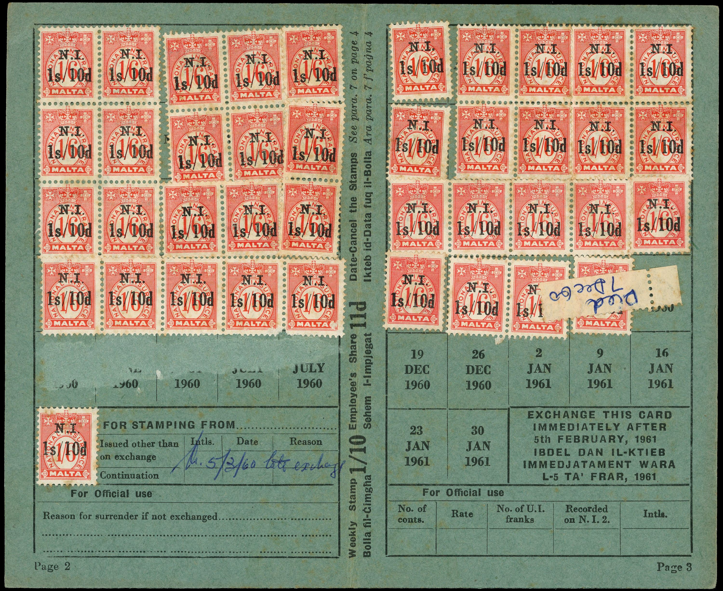 Malta National Insurance Card 1960 Used