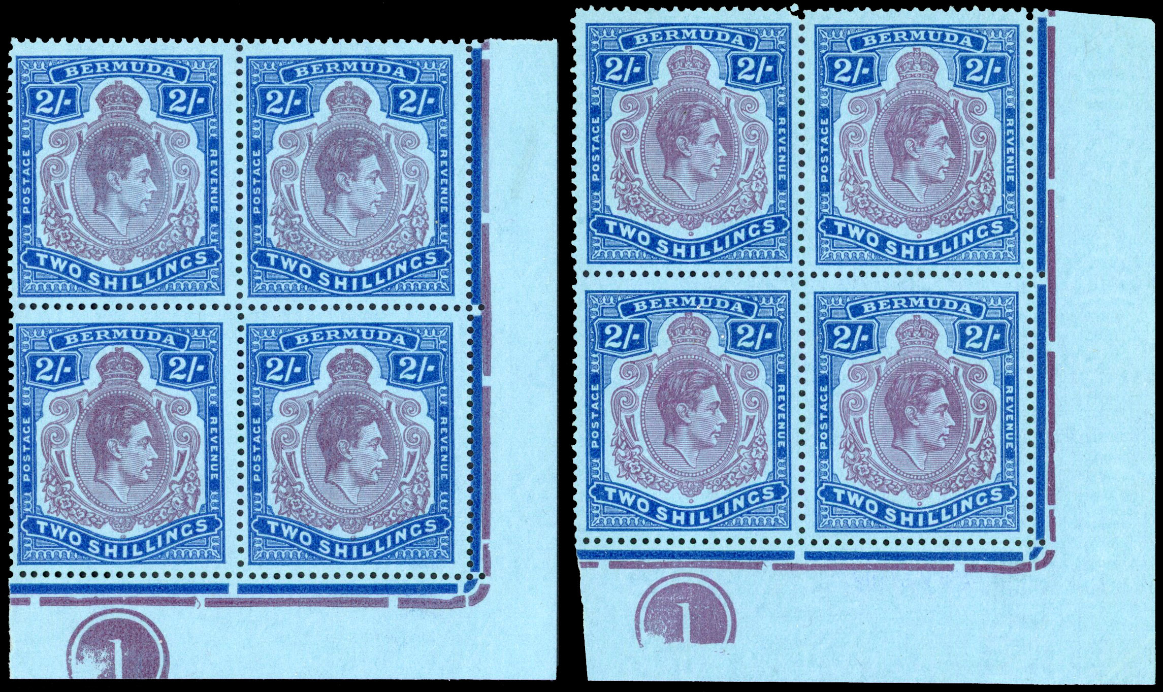 Bermuda SG 116e, f Plate blocks mint
