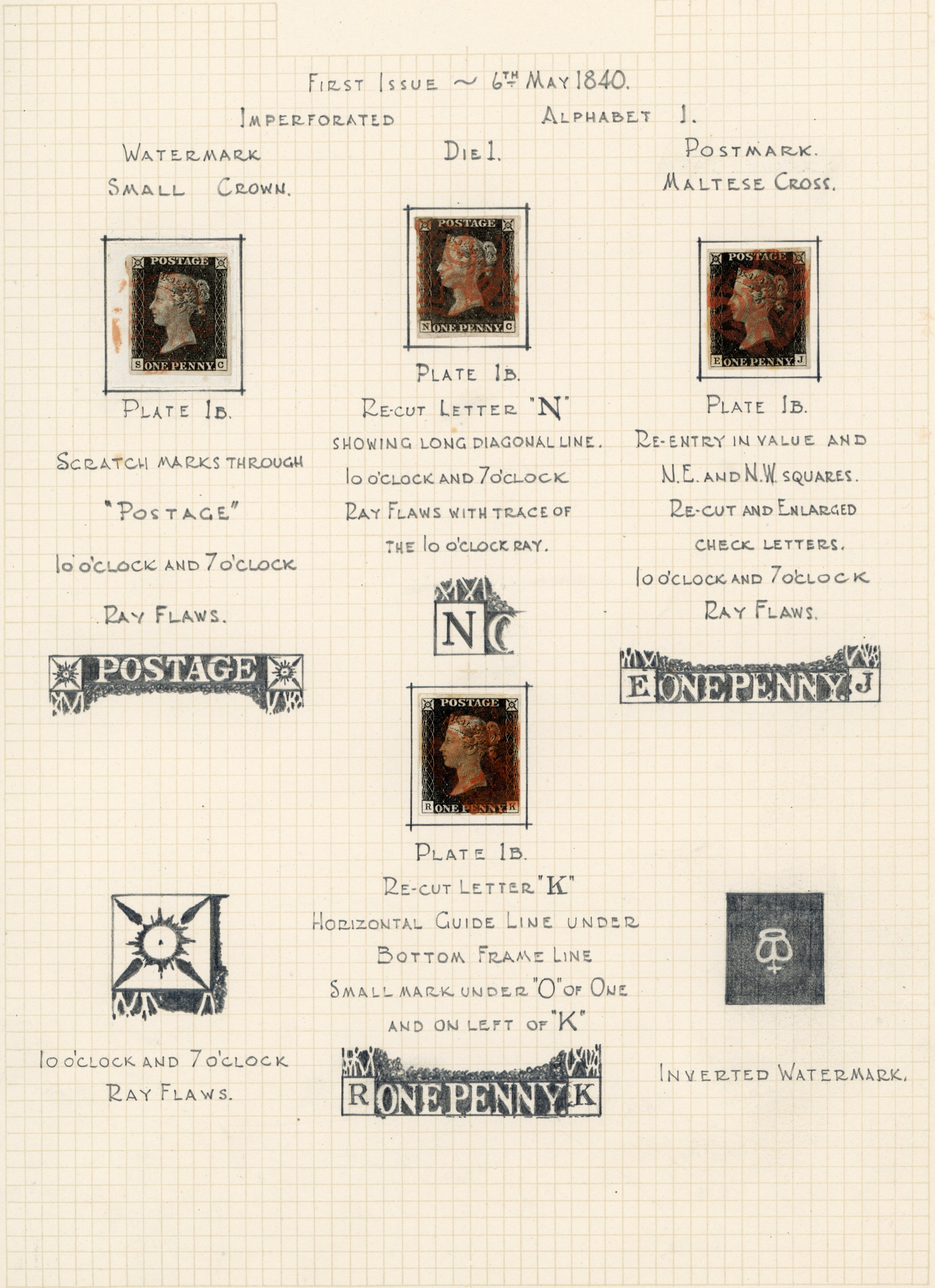 GB 1840 1d black Plate 1b group of four with varieties