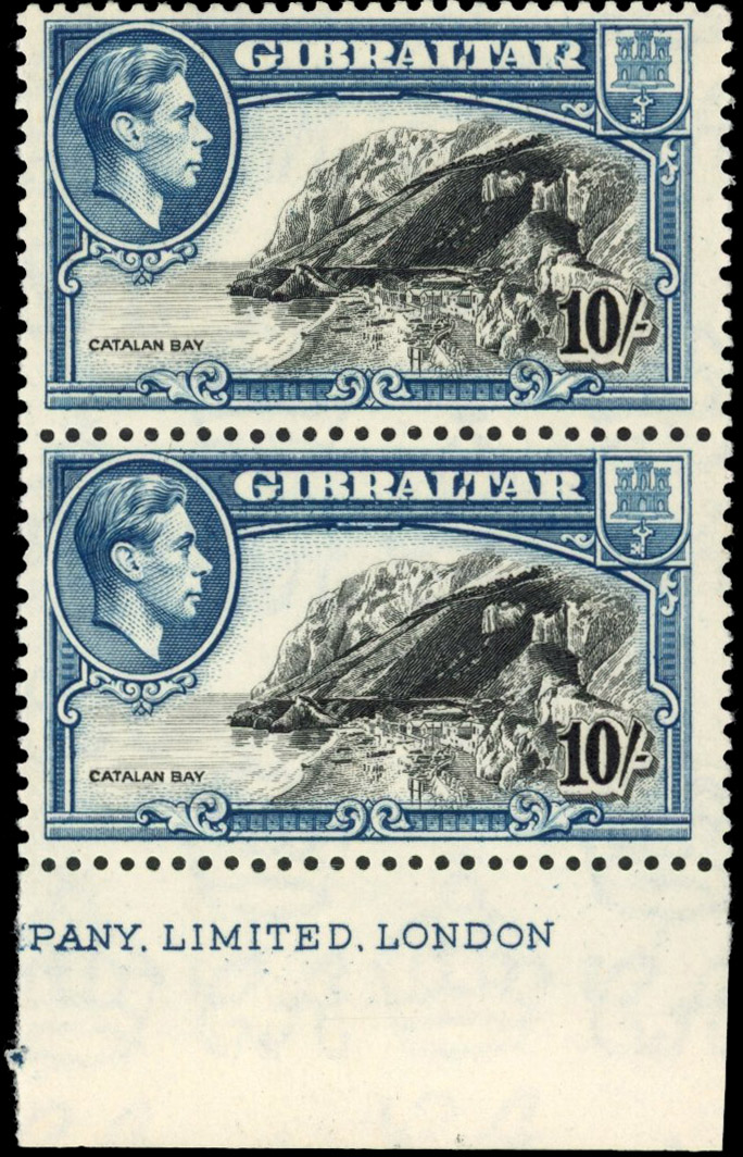Gibraltar 1943-51 10s black and blue broken ‘R’ variety SG 130ab mint