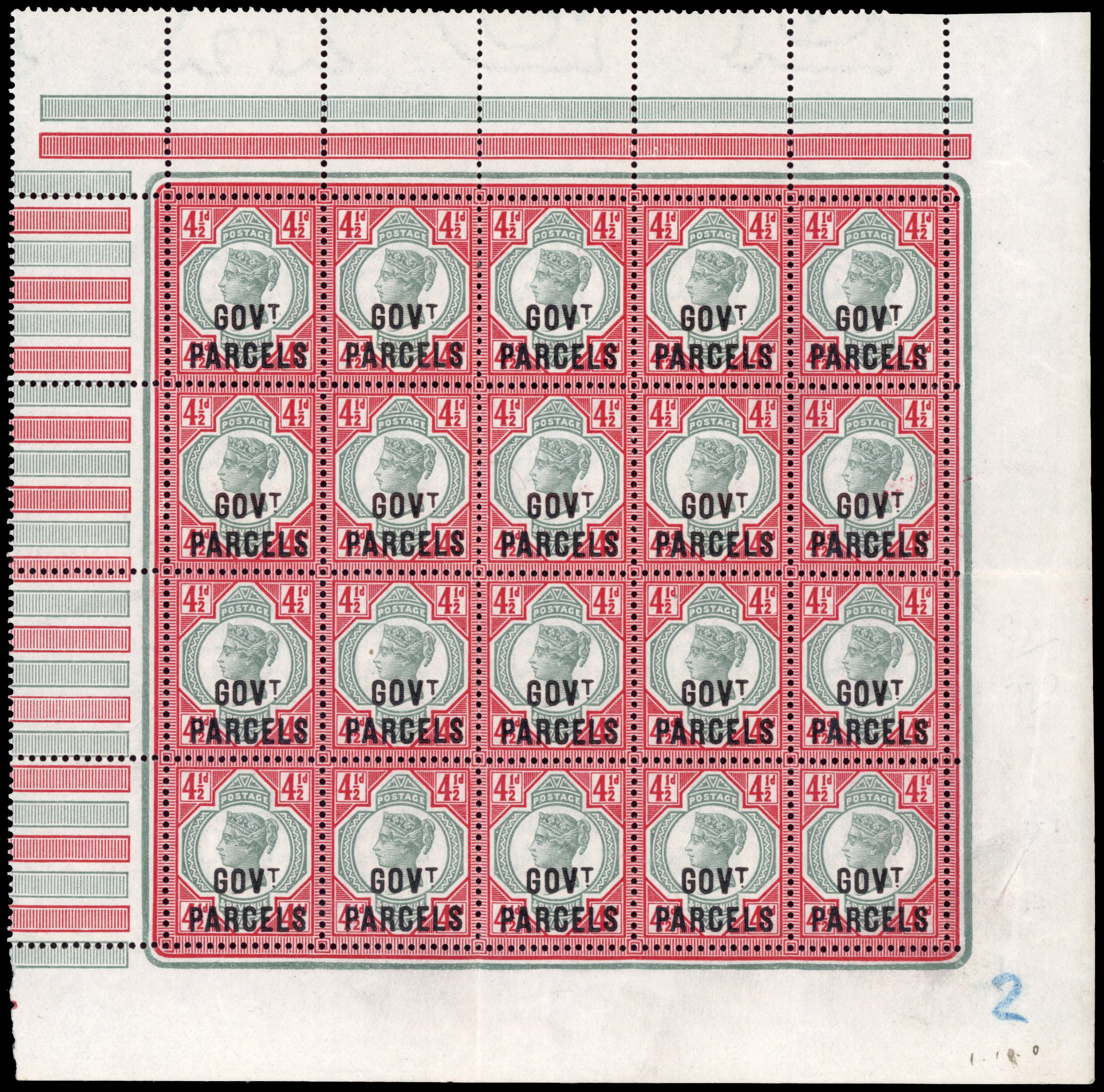 SG O71 Government Parcels 1892 4½d complete pane of 20 mint