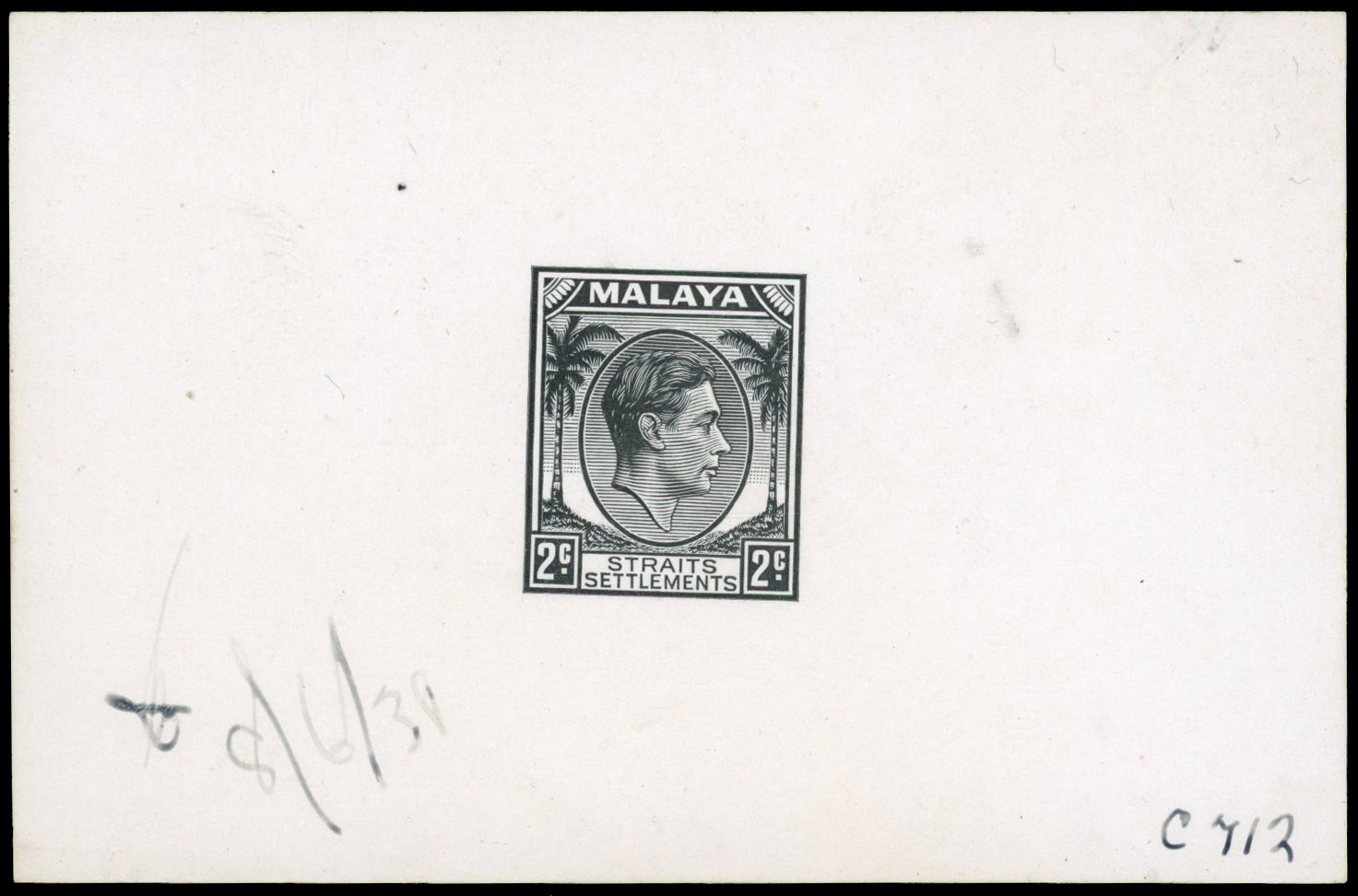 Straits Settlements 1938 KGVI 2c die proof in black