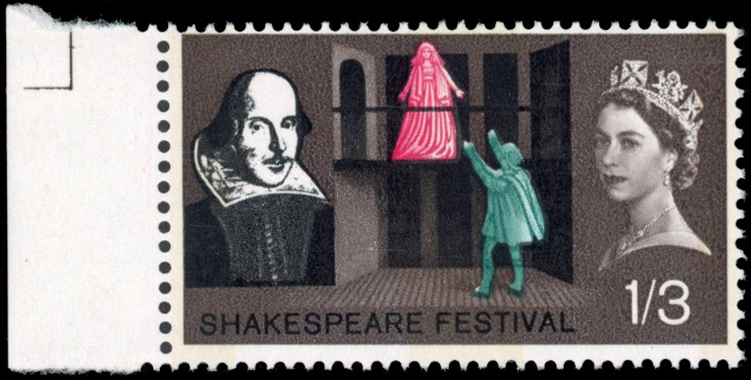 GB: 1964 1s3d Shakespeare phosphor, watermark inverted variety, left hand marginal example, fine unmounted o.g. SG 648pWi