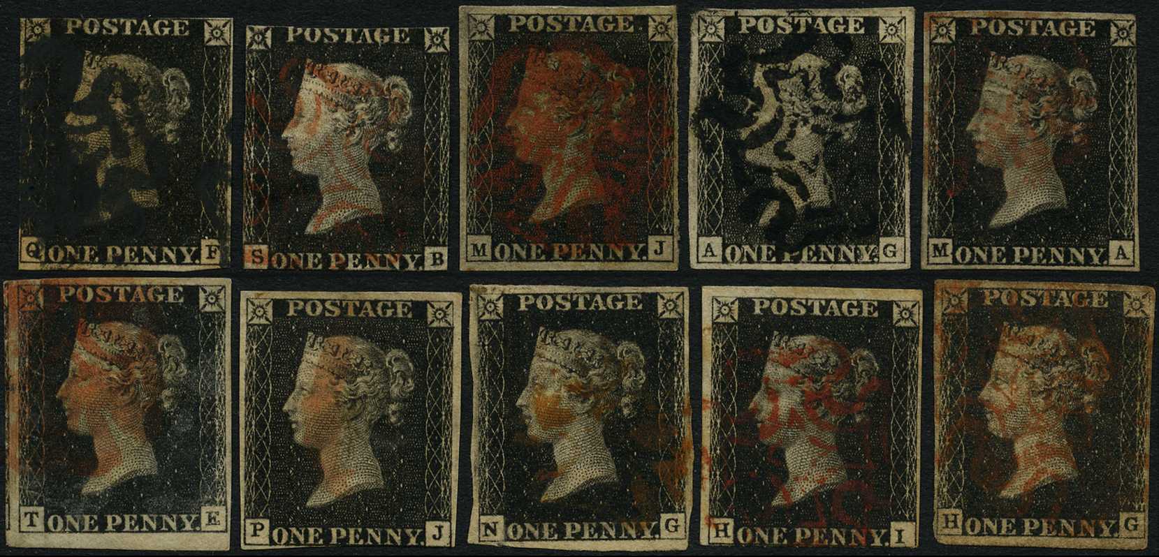 UNPLATED: 1840 1d black, ten used examples...