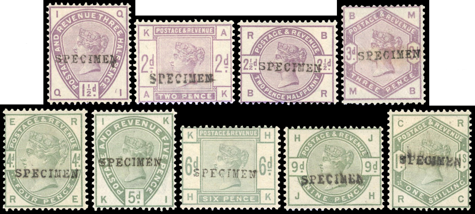 Great Britain 1883-84 Lilac and Greens set to 1s (less ½d) optd SPECIMEN', SG 188s/196s