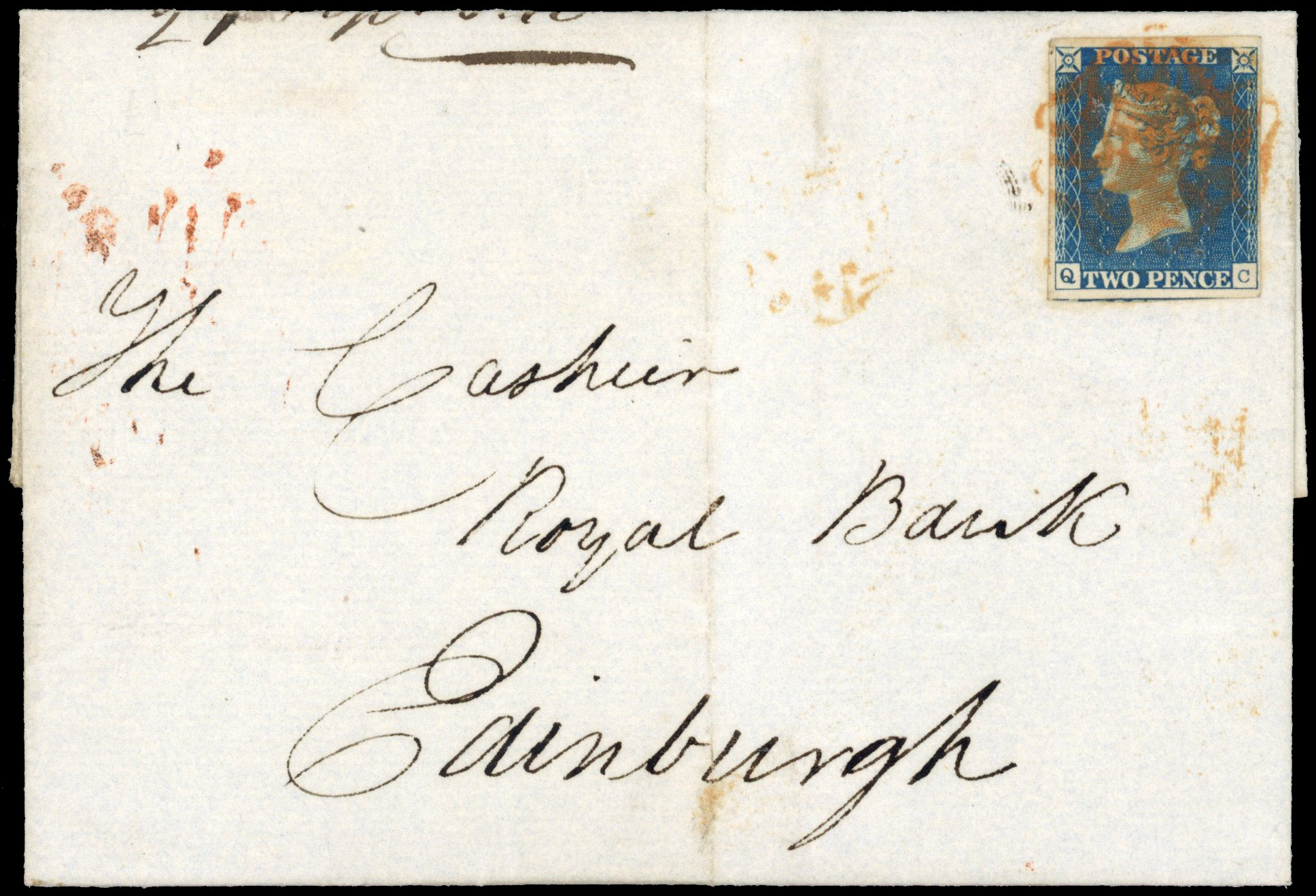 GB: POSTAL HISTORY: 1840 2d blue, plate 2 (QC), cover to Edinburgh tied by orange-red Glenluce, Wigtownshire Maltese cross