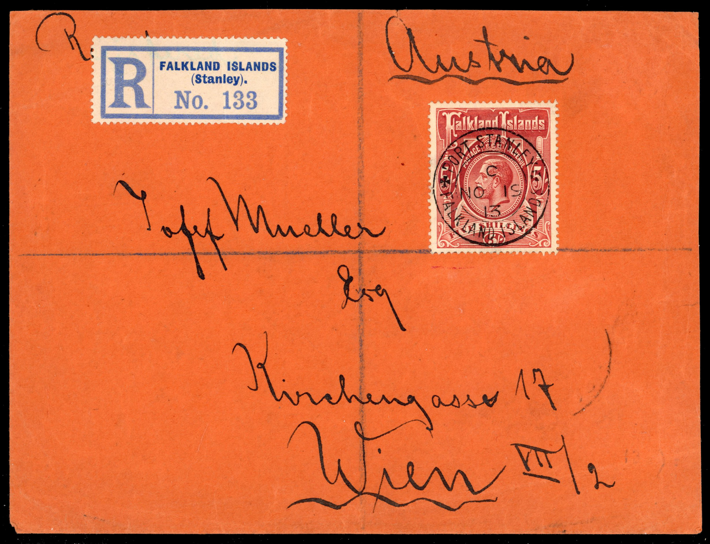 Falkland Islands SG 67 1913 5s on cover to Vienna