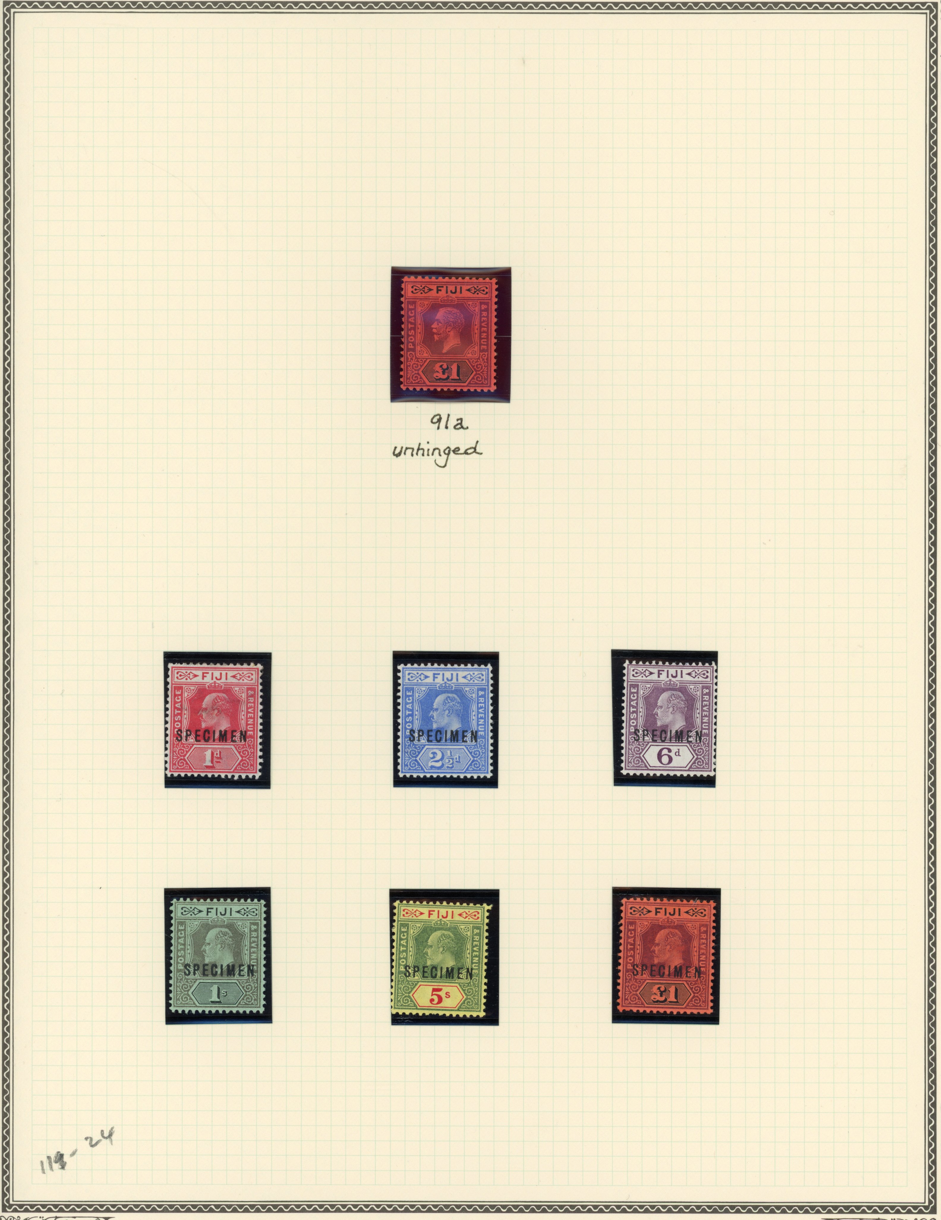 Fiji 1906 1d to £1 (no ½d) optd SPECIMEN, and SG 137 £1