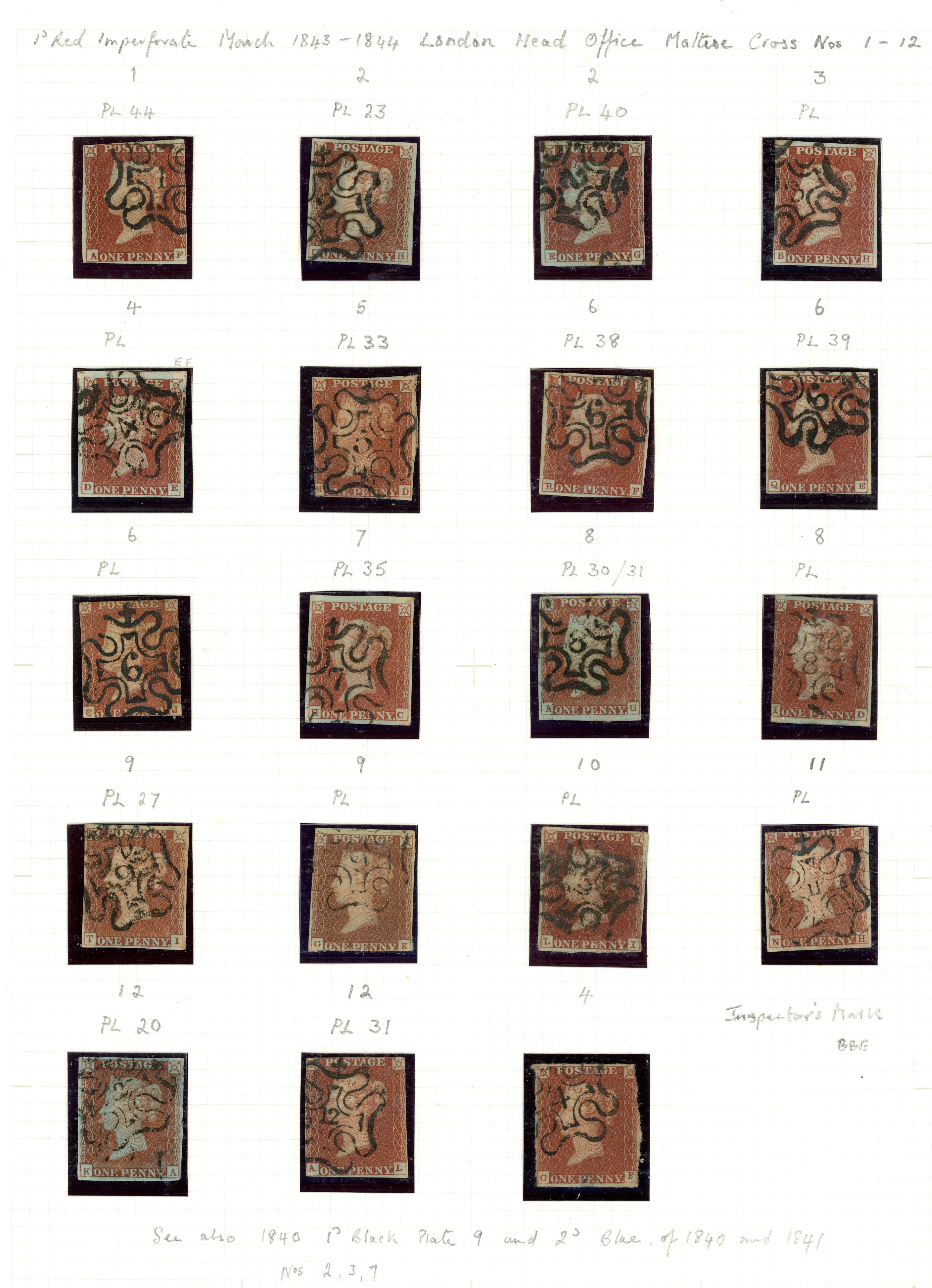 1841 1d Red-brown. Very fine group of nineteen No in MC