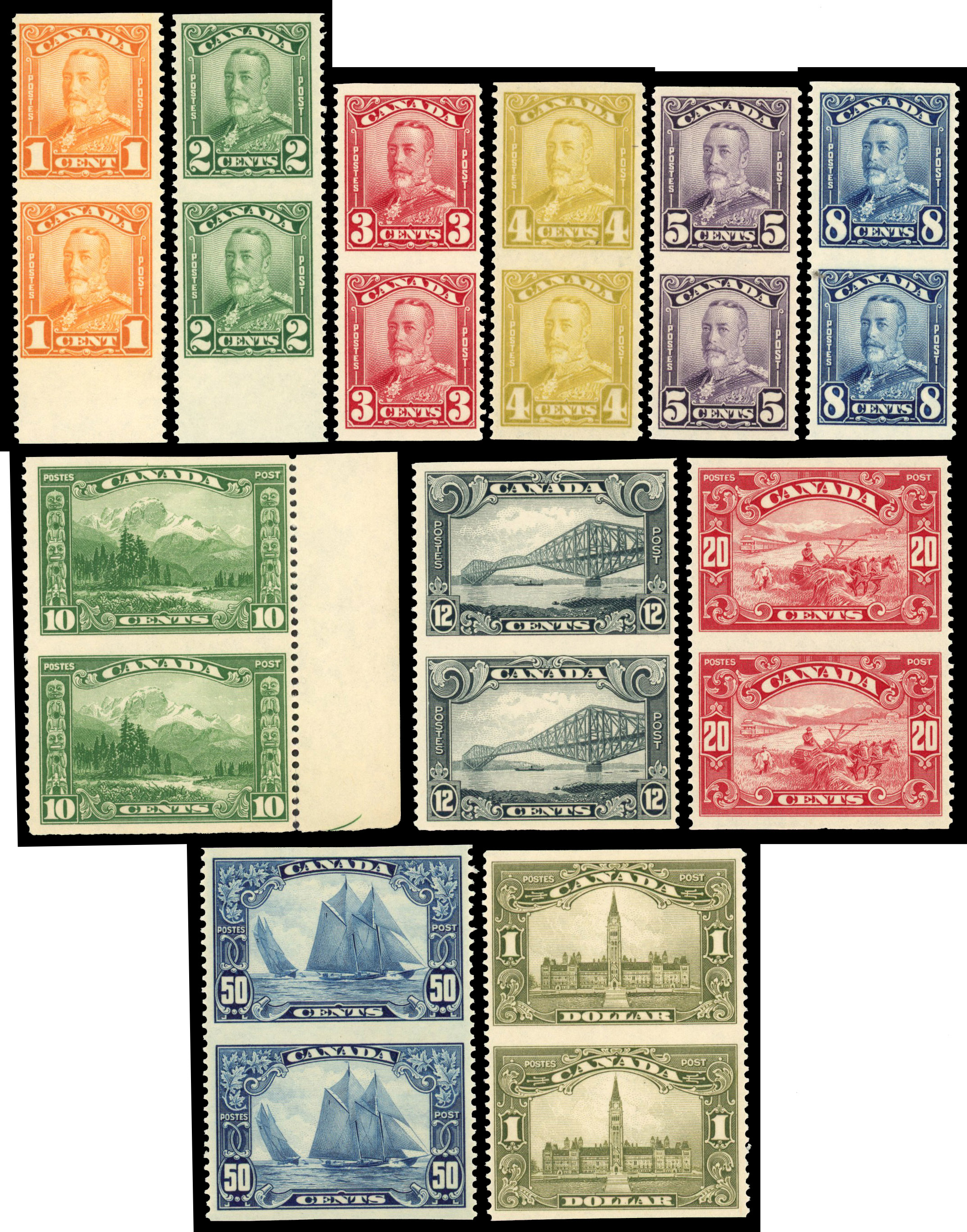 Canada 1928-29 set of 11 to $1 in vertical pairs, IMPERFORATE HORIZONTALLY