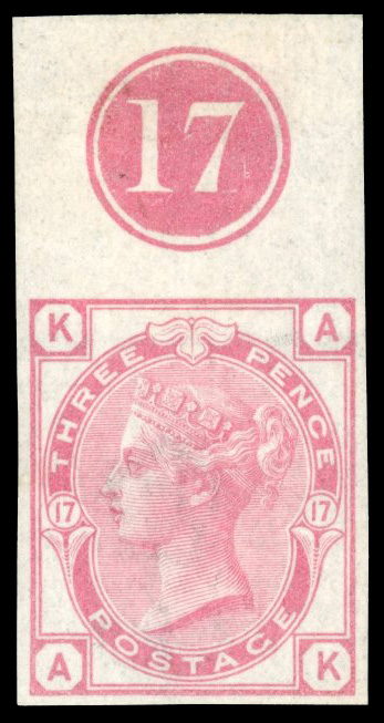 GB SG 143 1873-80 3d rose imperf imprimatur with plate number