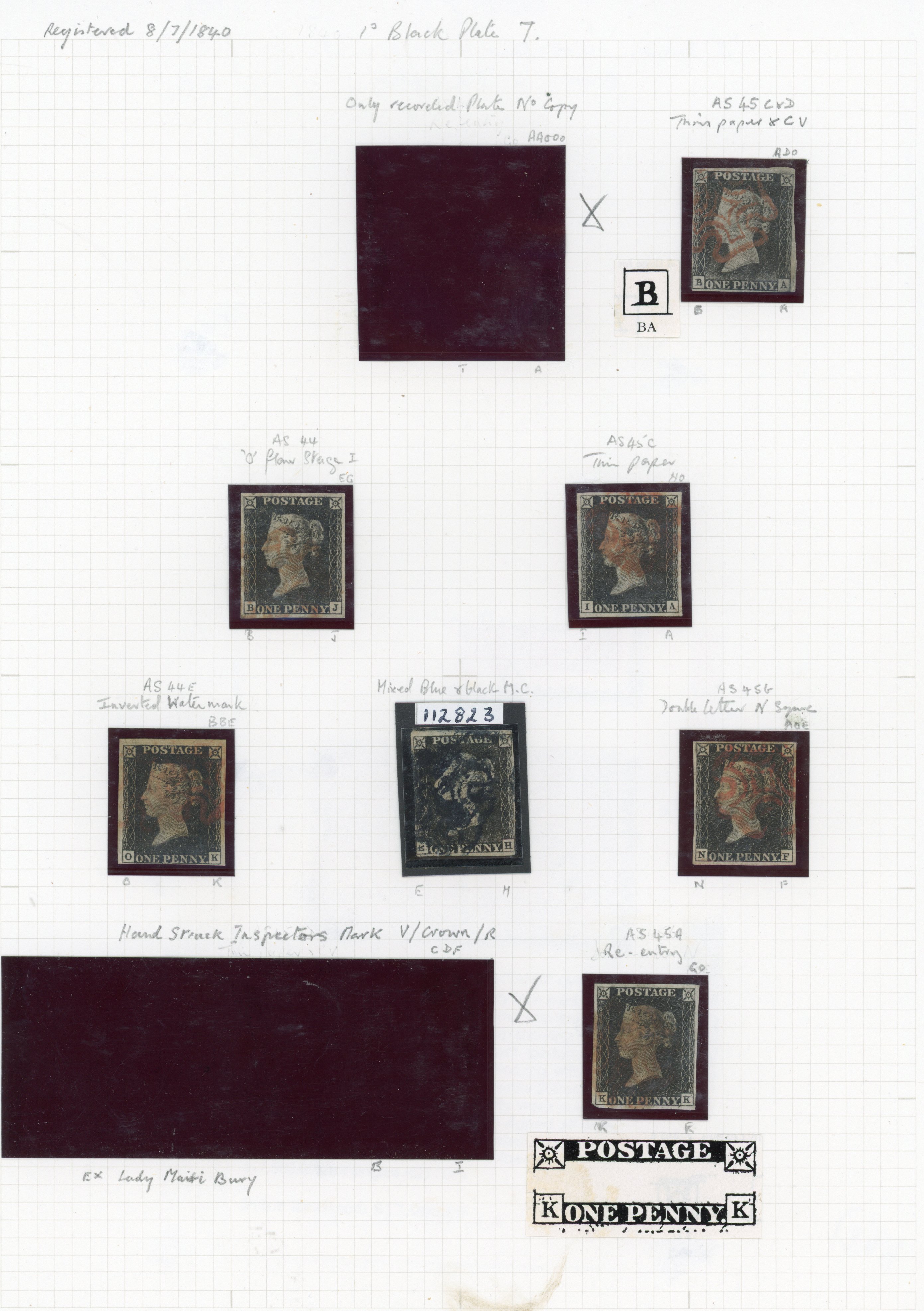 1840 1d Black Pl.7. Used group of seven 1d blacks cancelled by Maltese crosses.