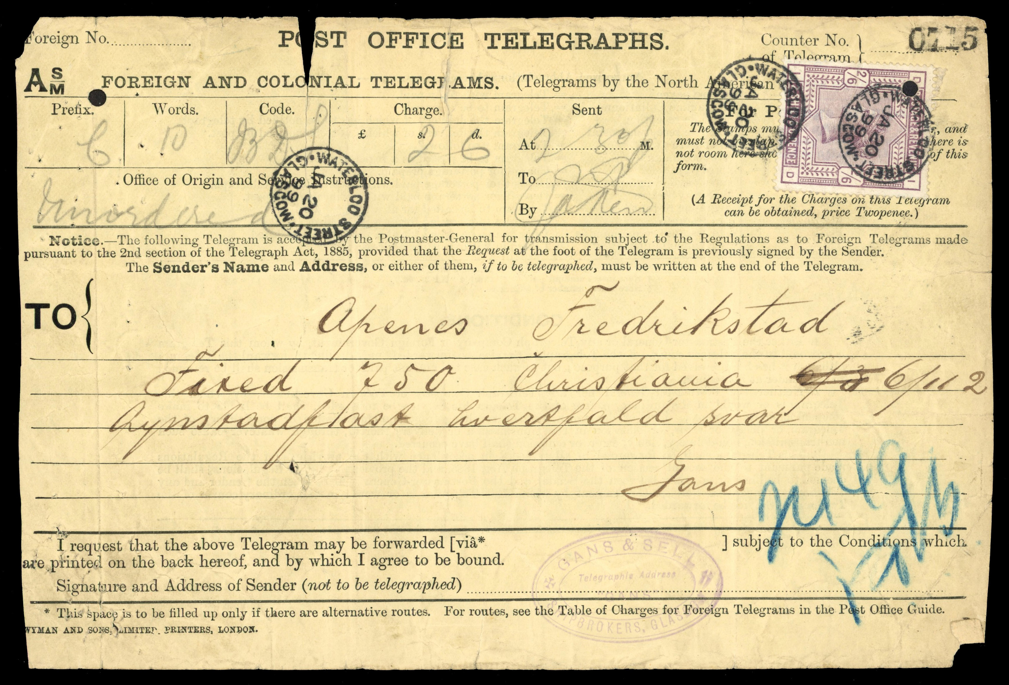 GB TELEGRAPHS: 1887 vertical form in yellow bearing 1883-84 5s, 1870-1900 ‘Jubilee; 1s green