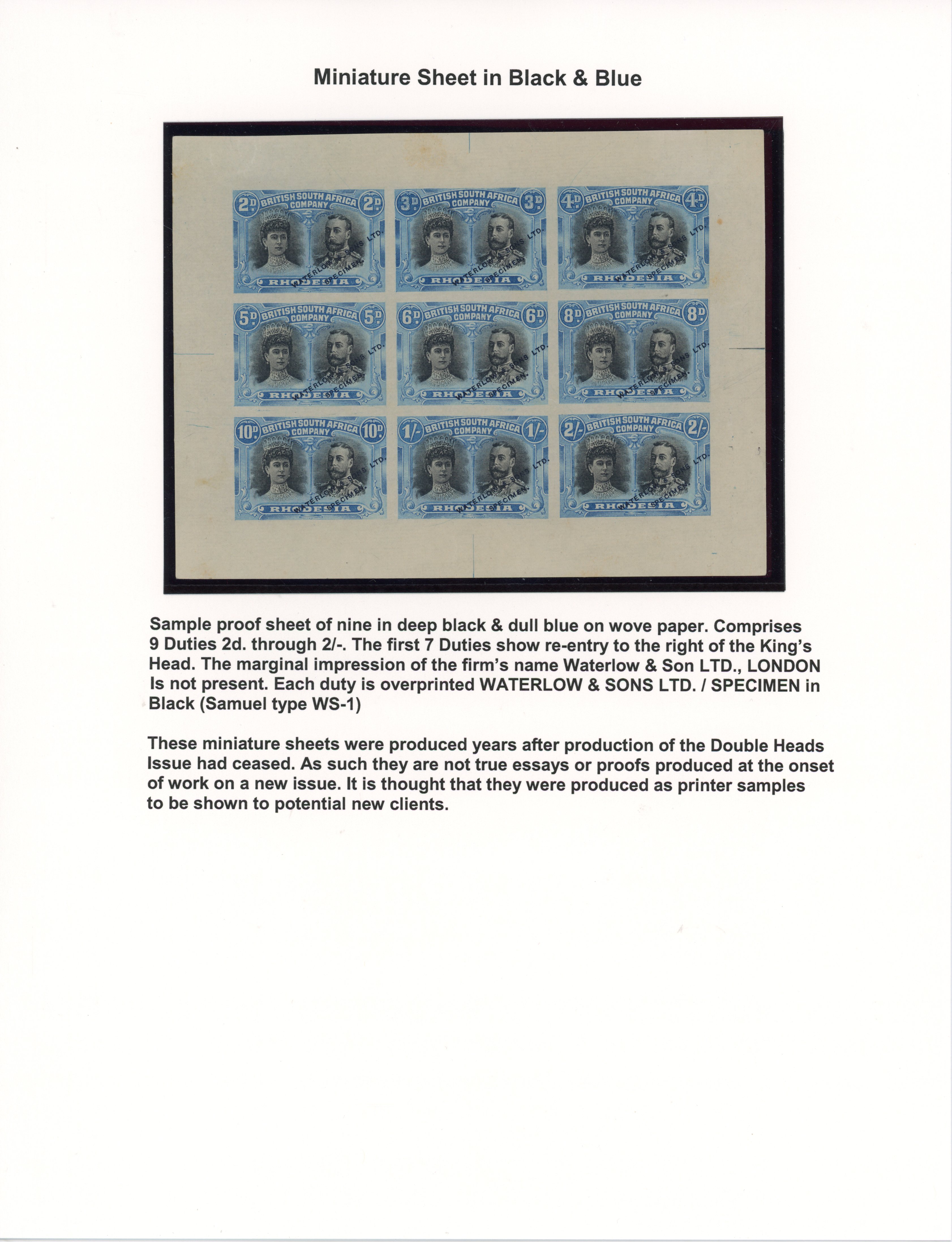 Rhodesia 1910-13 printer's sample sheet of 9