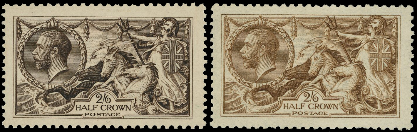 GB: 1918 Seahorses 2s6d olive-brown very fine o.g. and 2s6d chocolate-brown appears unmounted o.g. SG 413a, 414