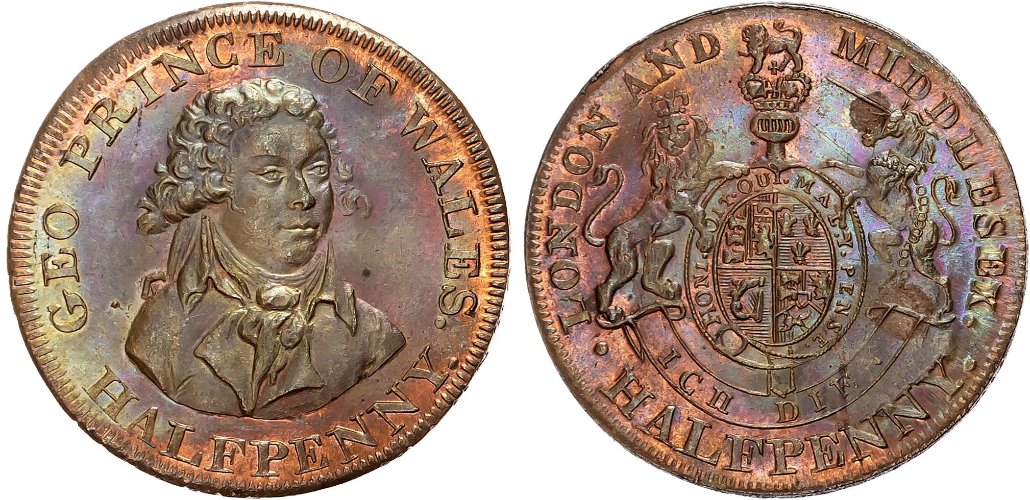 London,  National Series , Prince of Wales Halfpenny 1794, Draped bust of prince, half facing right, denom. below, rev.  …