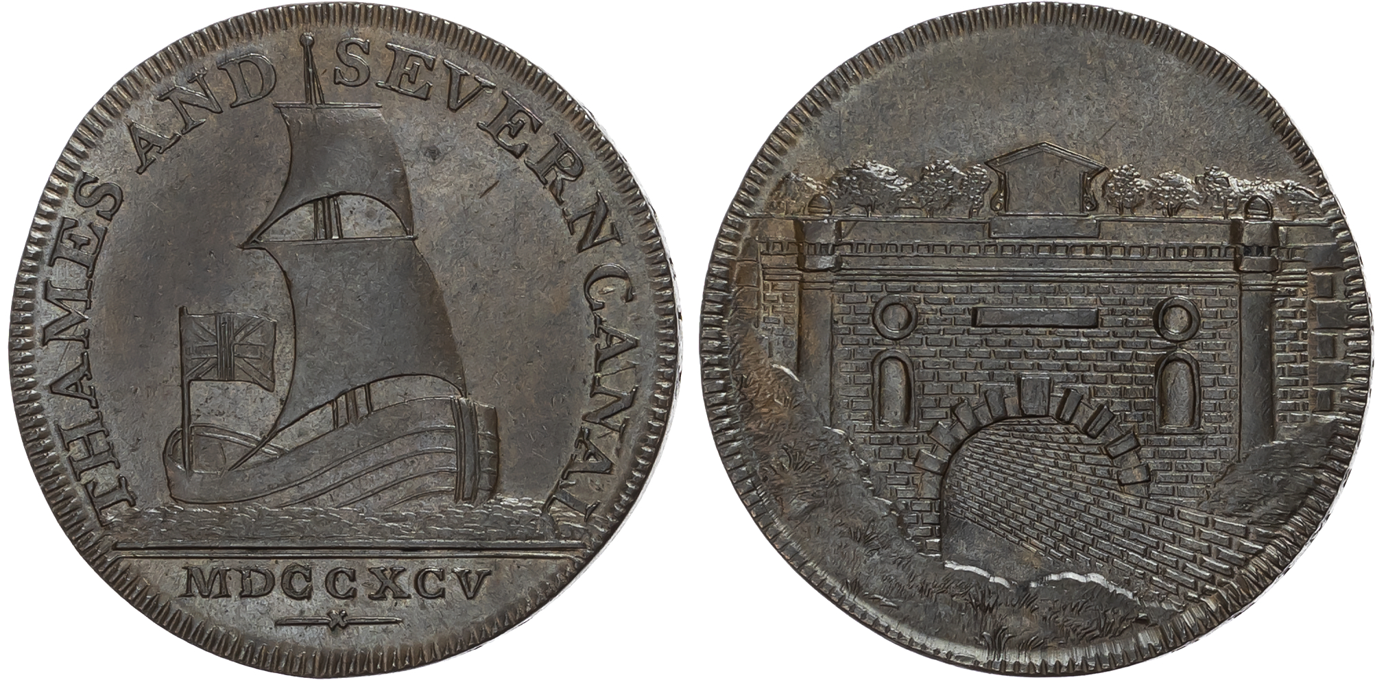 Glos. Brimscombe Port, Thames and Severn Canal Co. Halfpenny 1795, Sailing-barge, rev . View of Sapperton canal tunnel, …