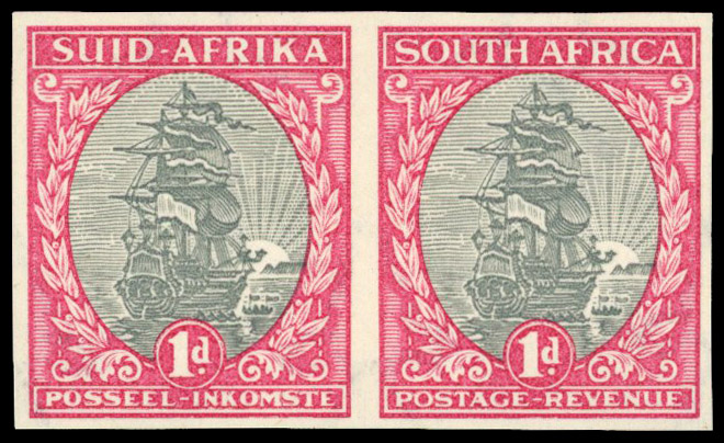 South Africa 1933-48 1d grey and carmine imperf pair