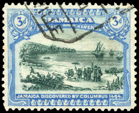 Jamaica 1921-29 Wmk Script CA sideways 3d myrtle-green and blue, watermark inverted and reversed used