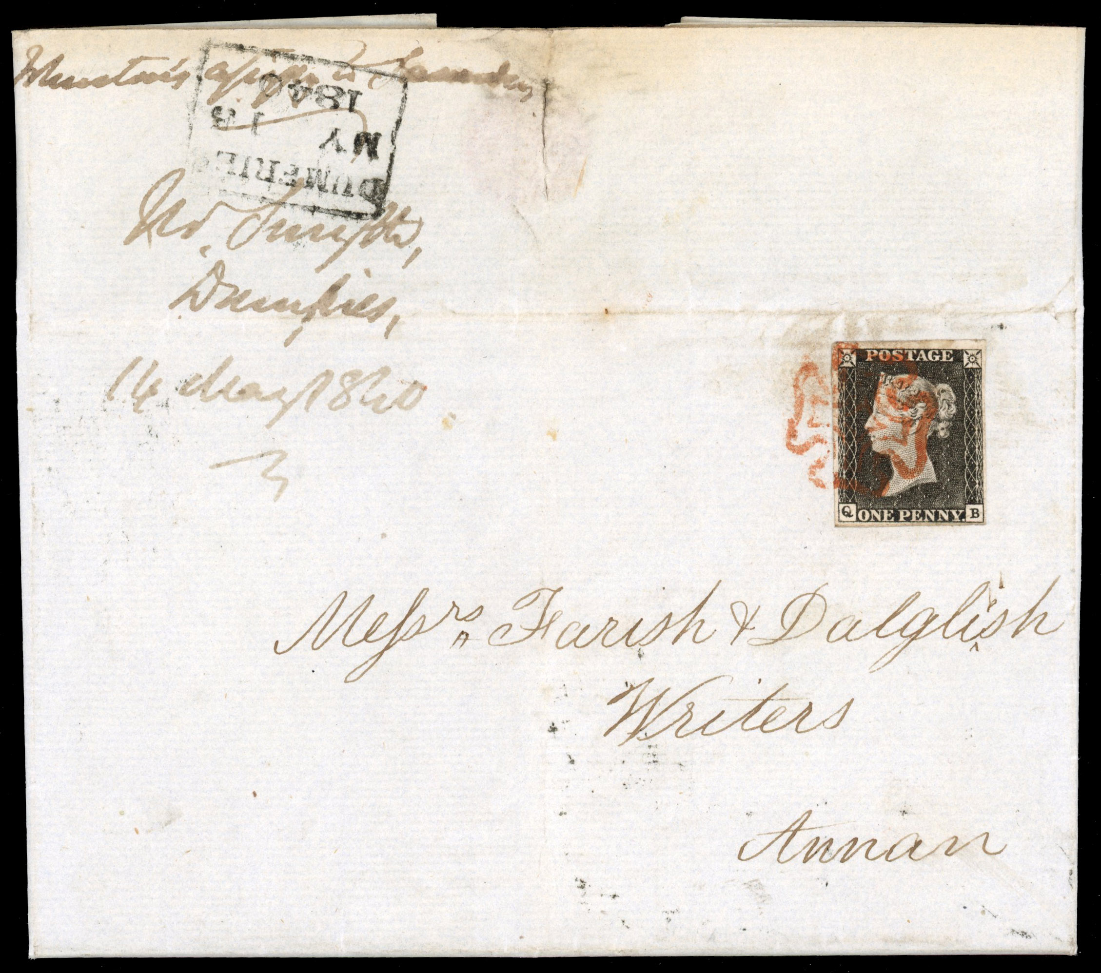 GB 1840 1d black May Date (15th) entire from Dumfries to Annan, SG 3