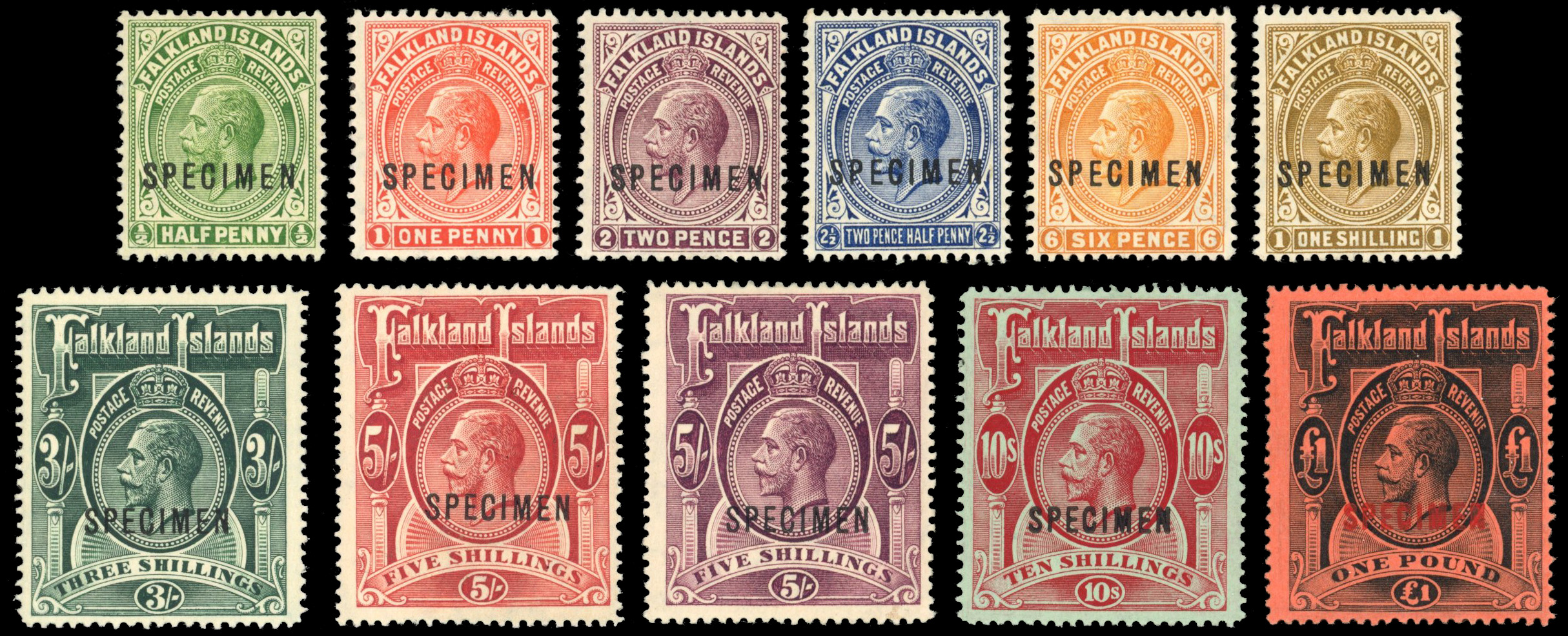 Falkland Islands SG 60s-69s 1912-20 Specimen set