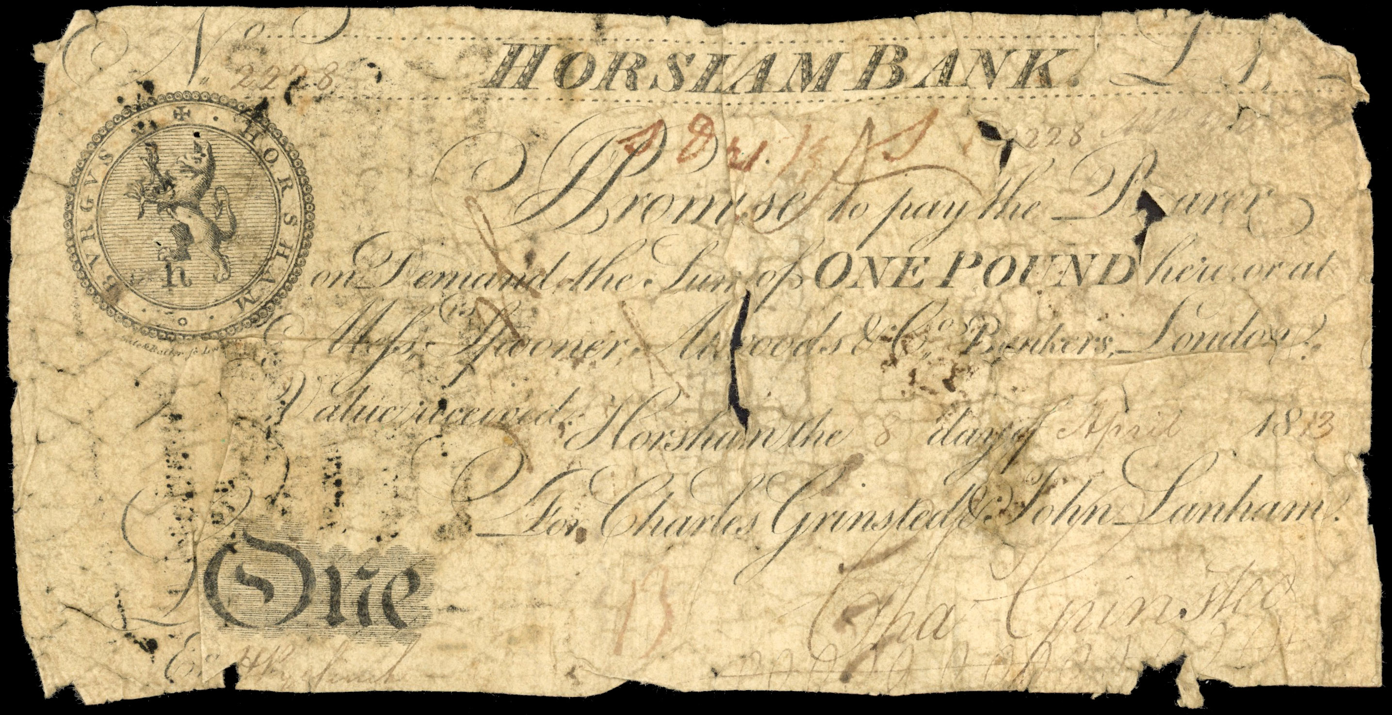 HORSHAM, Horsham Bank for Charles Grinsted and John Lanham, £1.,27 April 1813, serial number 3478, John Lanham…