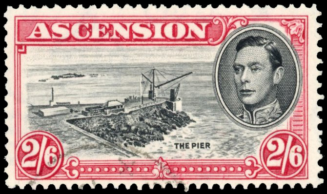 Ascension SG 45ca 1944 2s6d perf 13 davit flaw used