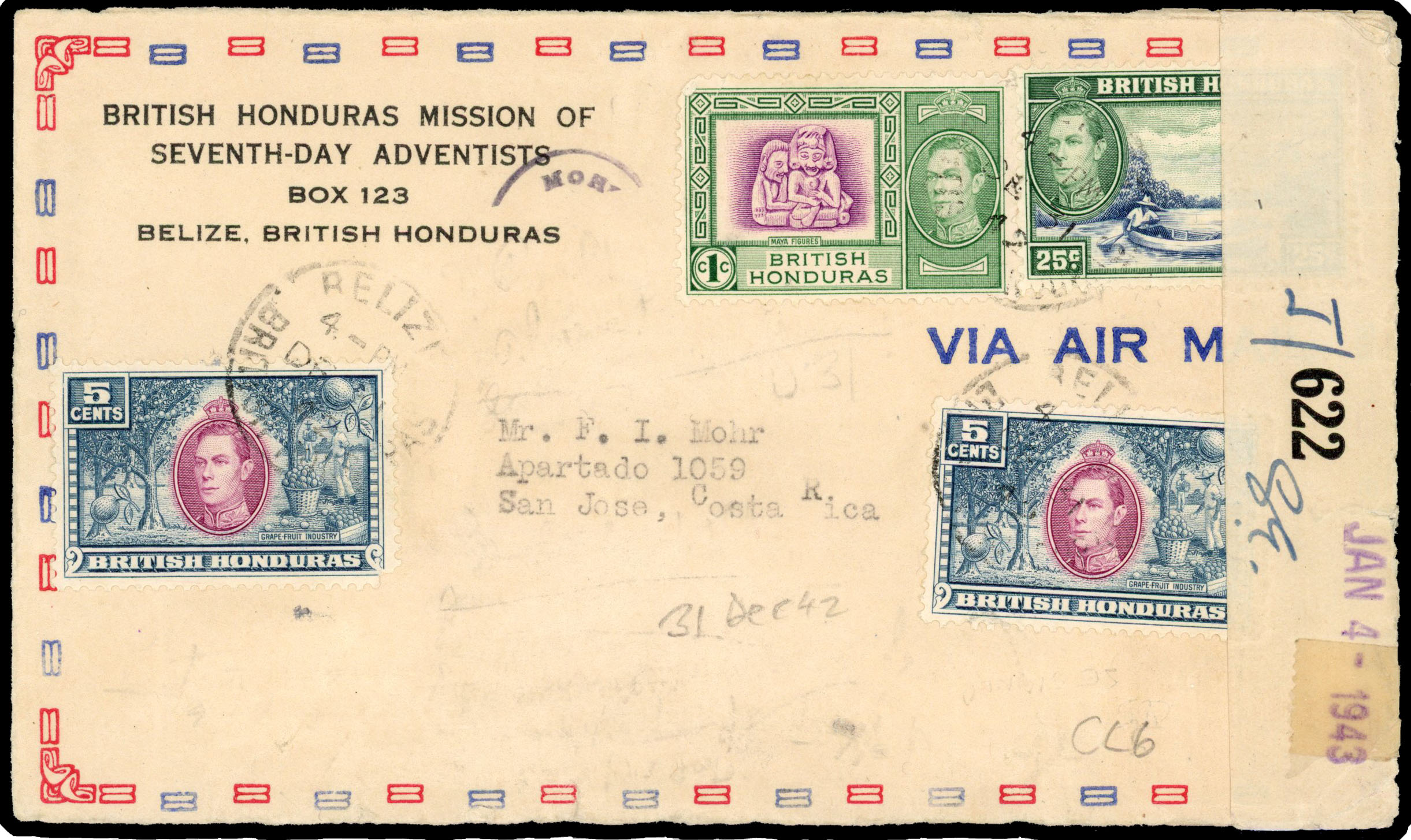 BRITISH HONDURAS: 1942 censored airmail missionary cover to Costa Rica