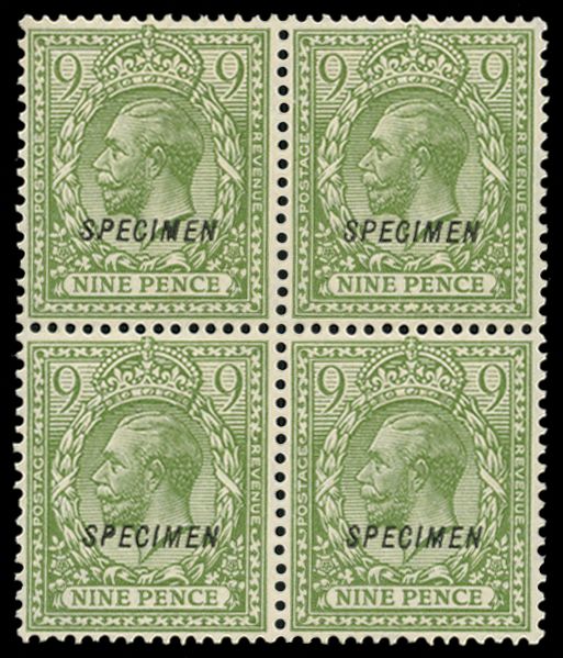 1924 9d Olive-green. Very fine unused o.g. block of four (three stamps u/m) overprinted "SPECIMEN" type 23. Spec....