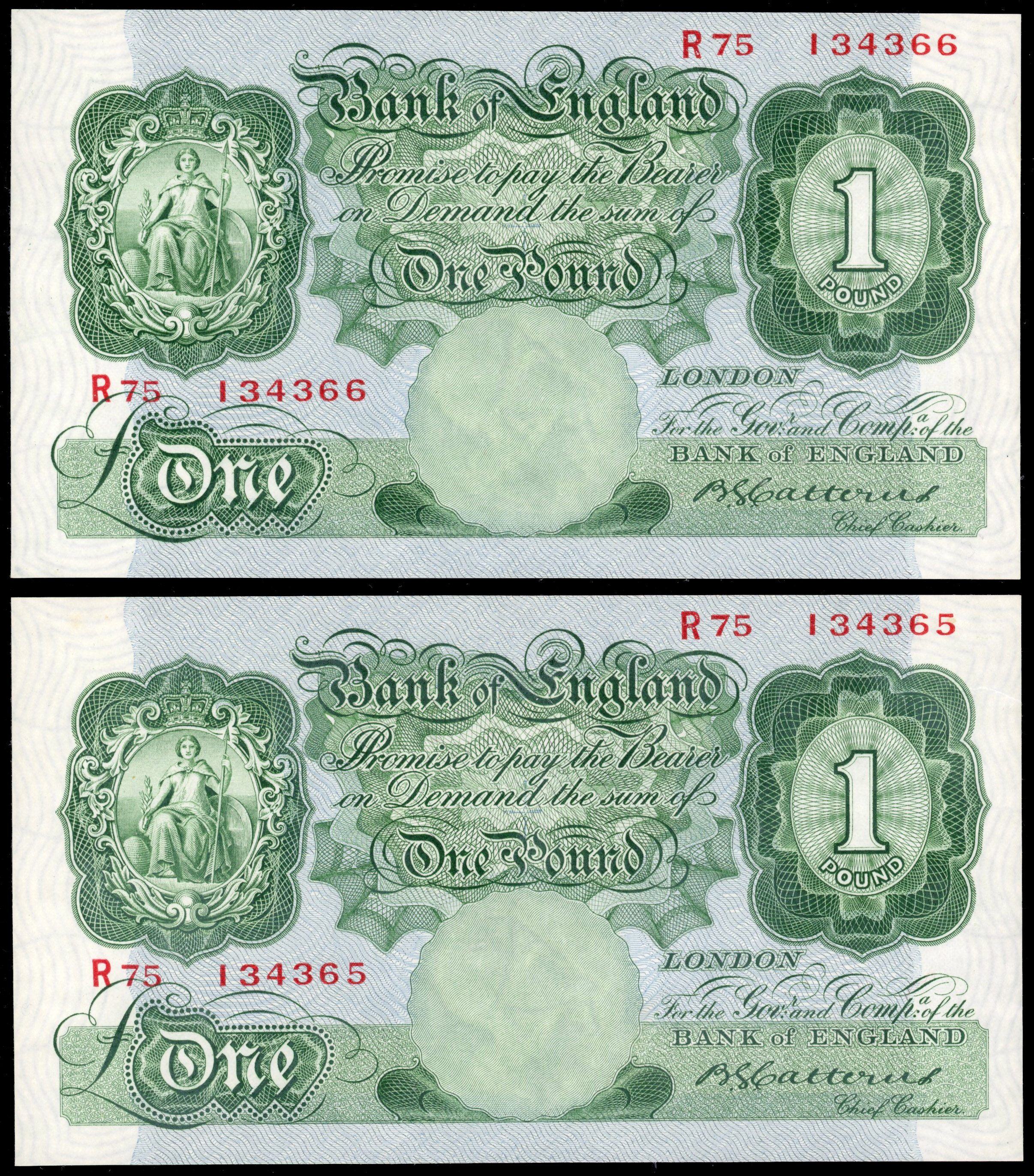 Bank of England, B G Catterns, One pound, Jul. 1930, R75 13465 and 134366 - consecutive numbers, (Dugg. B225).…