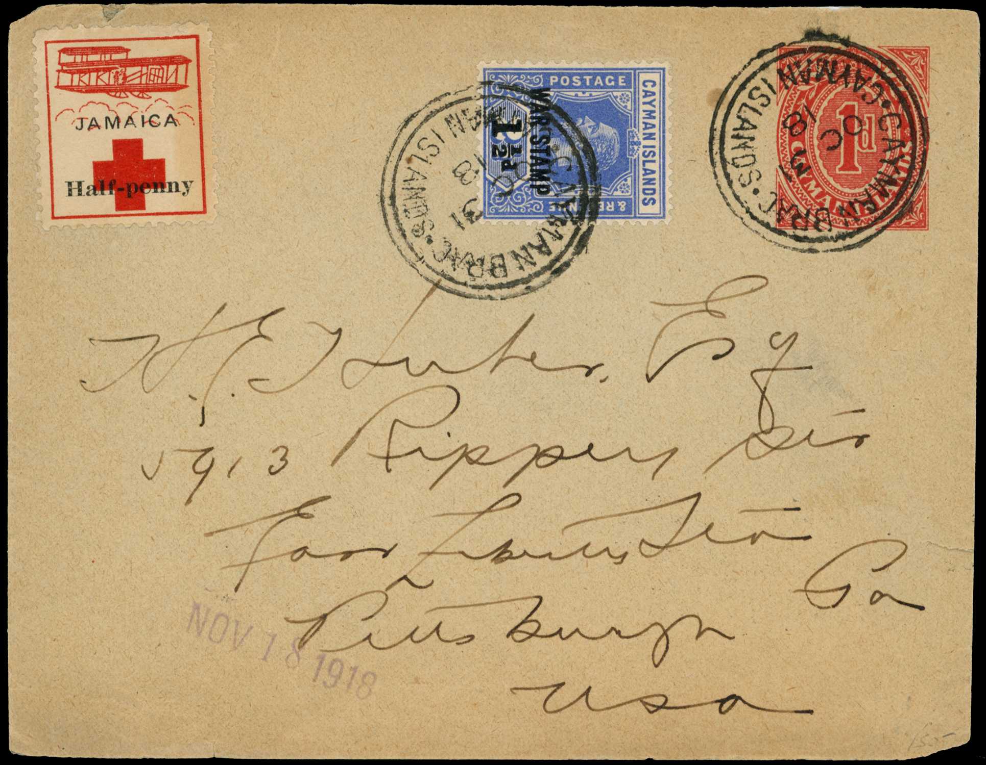 1918 1d Envelope (HG B1) uprated with 1½ d...