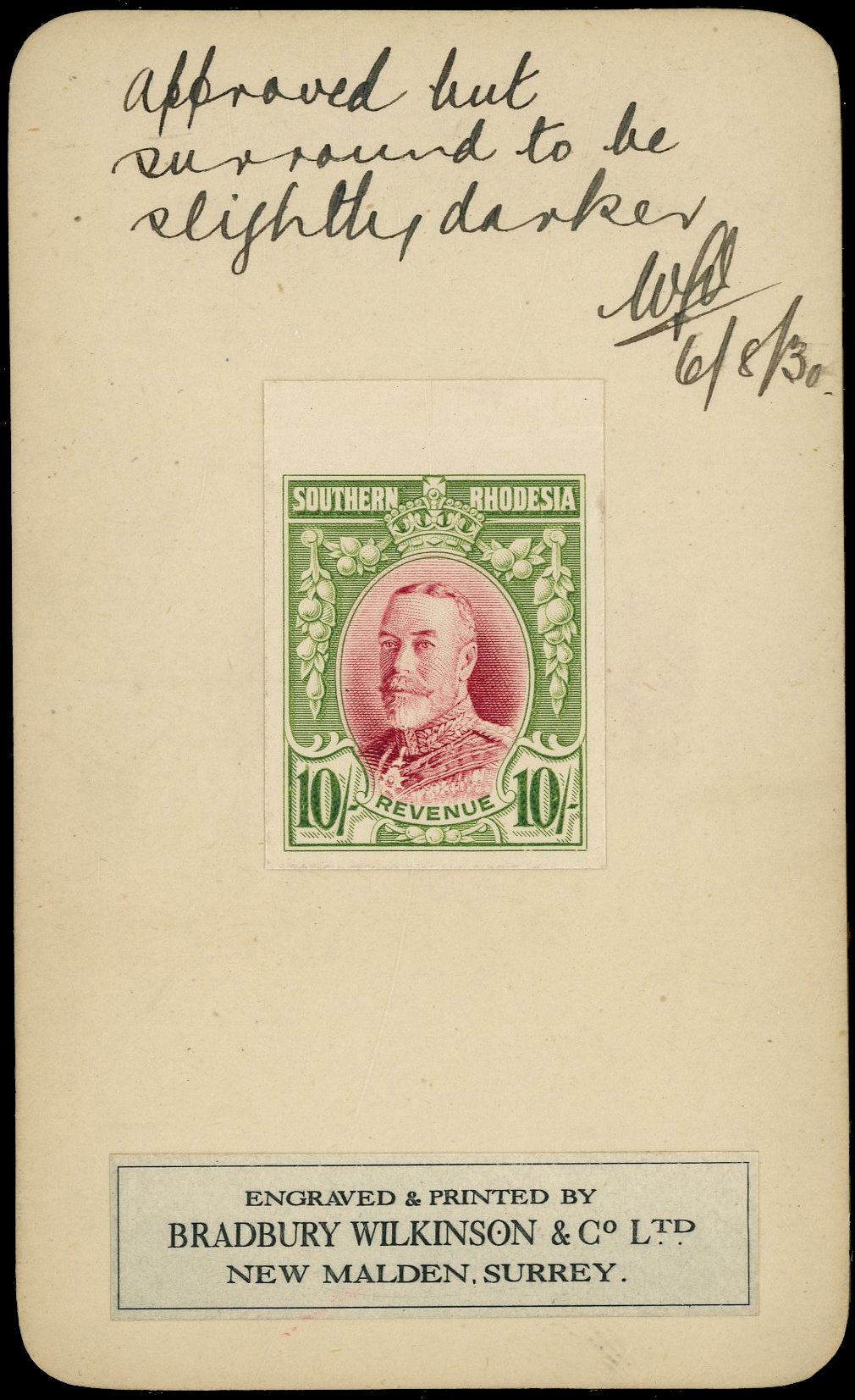Southern Rhodesia Revenue 1930 10s green and red, imperforate colour trial