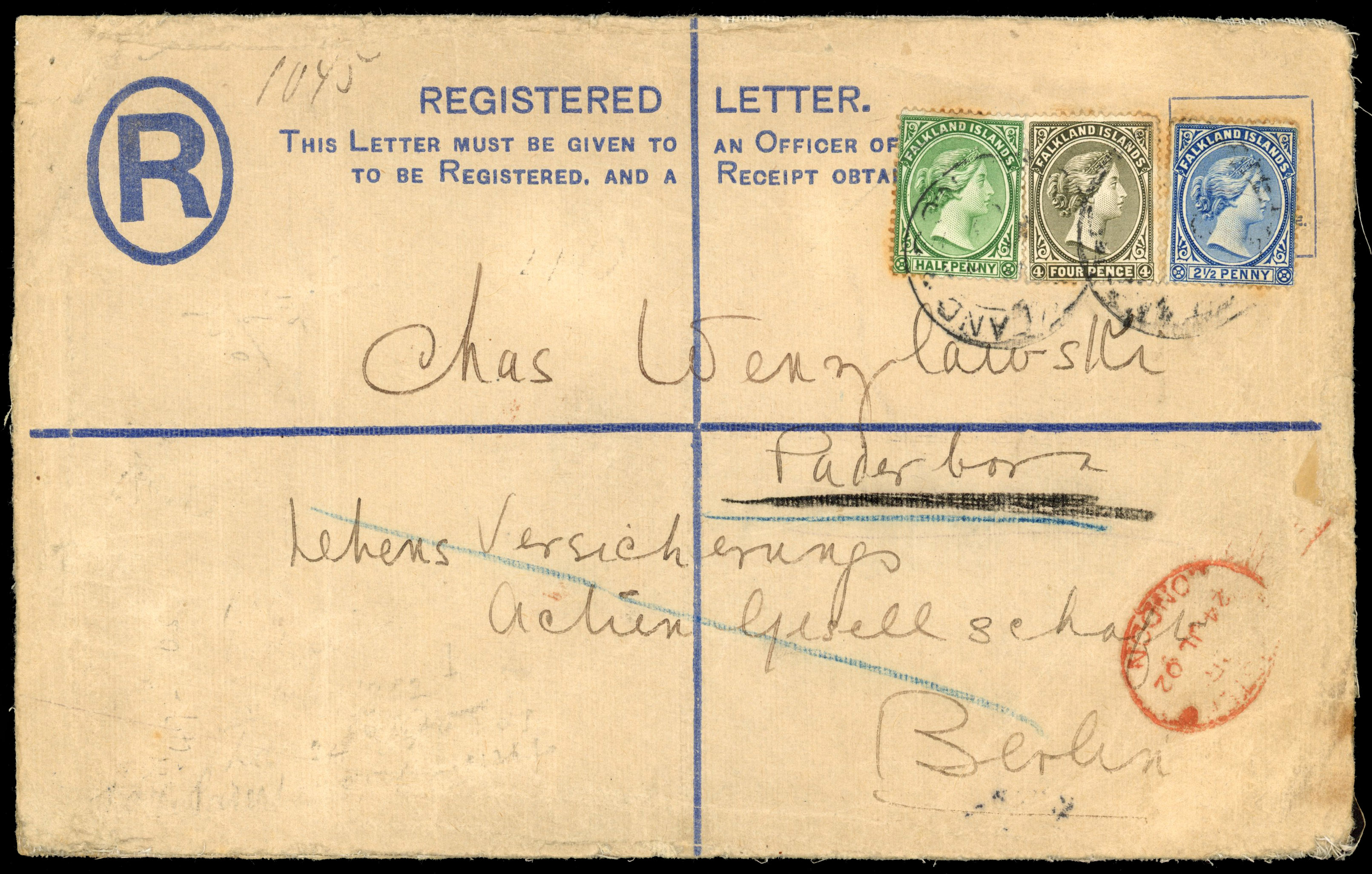 Falkland Is 1902 formula registered envelope uprated to Germany