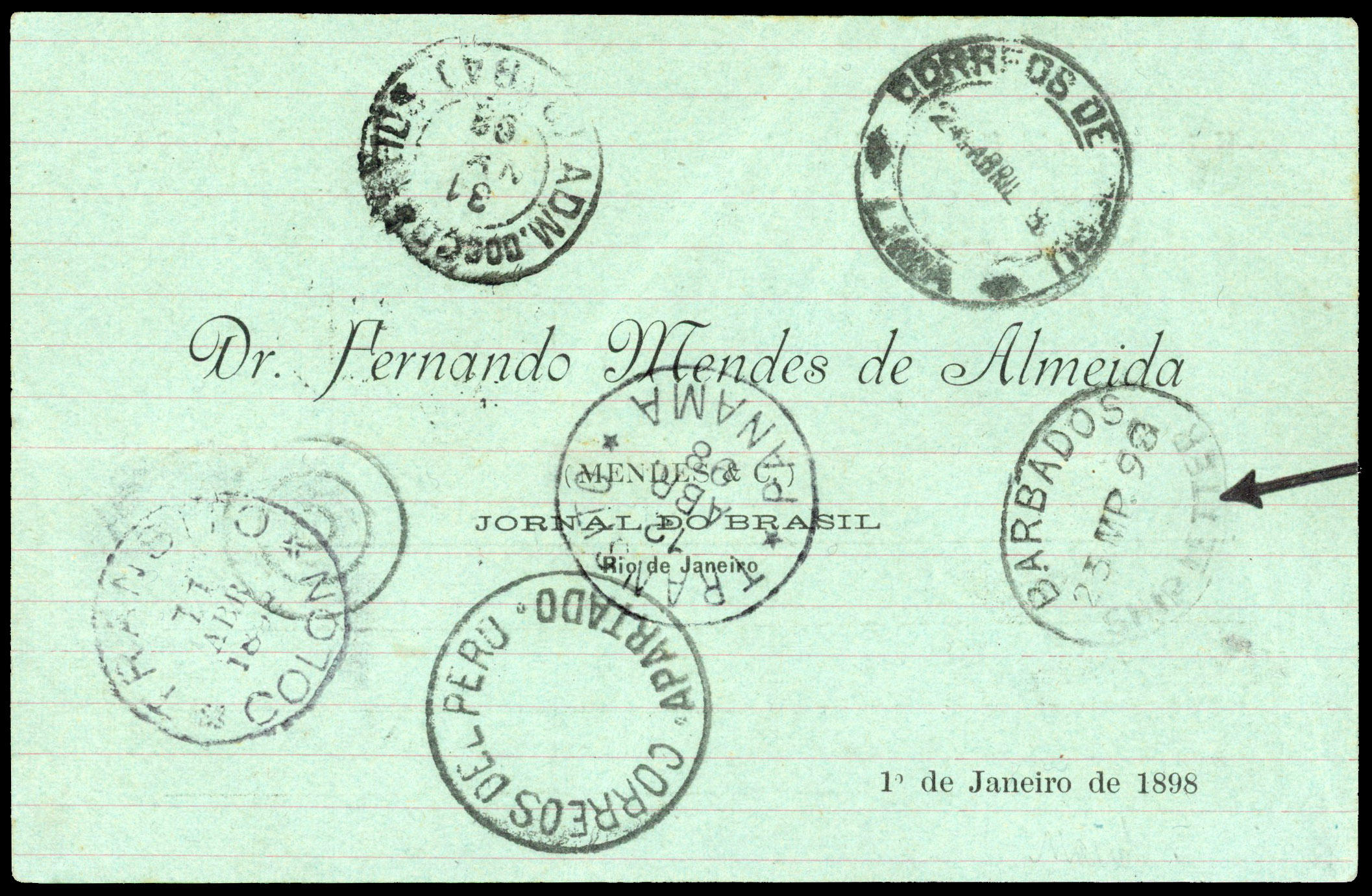 1897 Brazil 80 reis stationery postcard to Lima, Peru routed via Barbados with scarce oval “BARBADOS" ADDED TO R2000893/1
