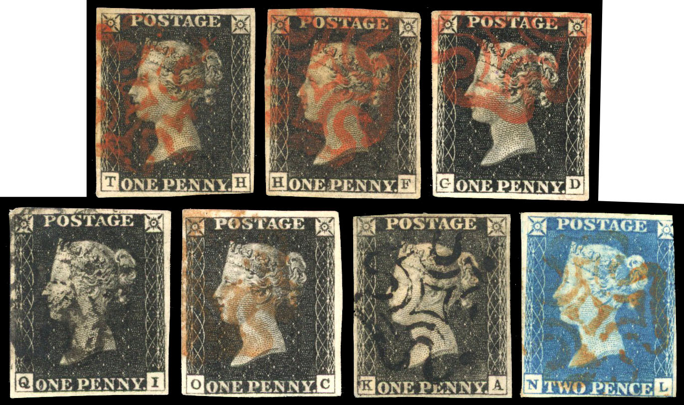 1840 1d black selection of 6 four-margin examples plus another on cover to Carlisle, plus three margin 2d blue fine (6) SG 2
