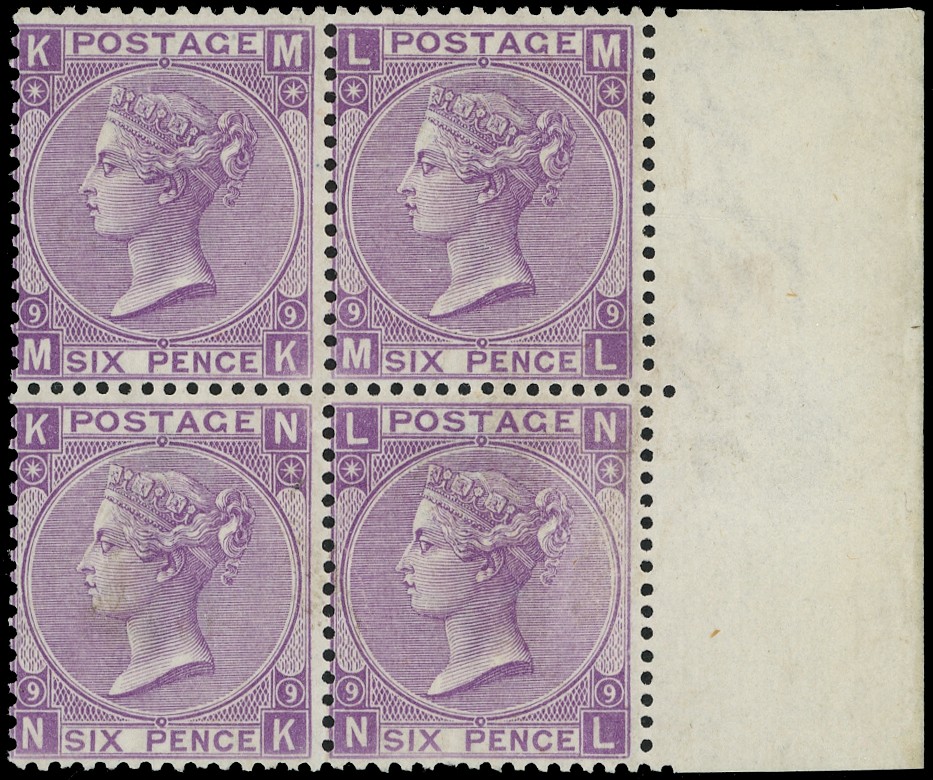 Great Britain 1870 6d Mauve Pl.9. Superb unmounted o.g. right hand marginal block of...