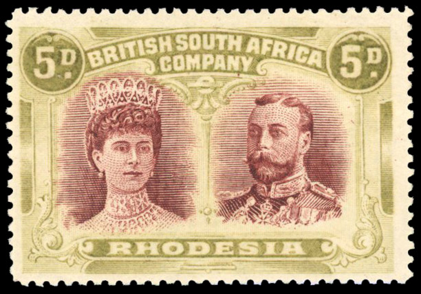 Rhodesia 1910-13 5d lake-brown and yellow-olive perf 15
