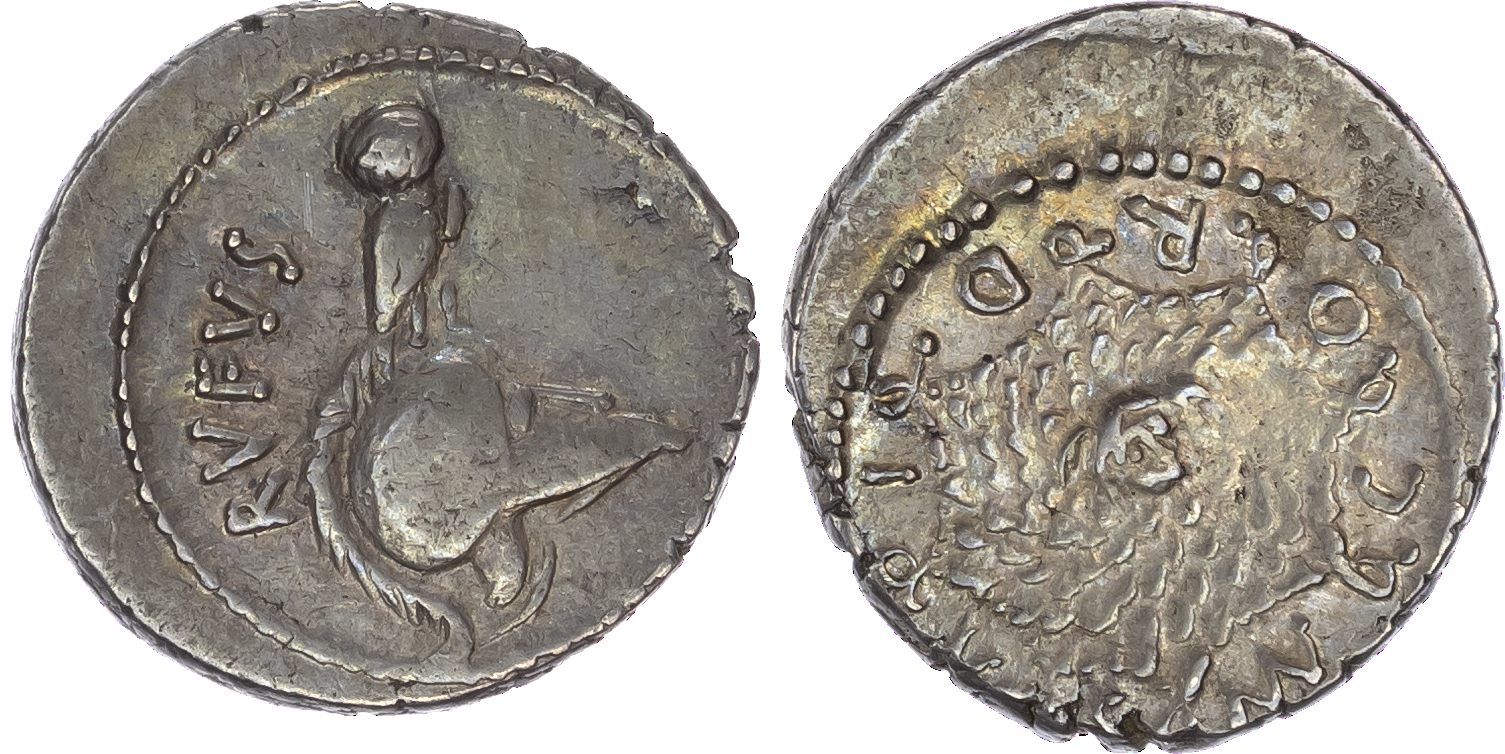 Mn. Cordius Rufus (46 BC) AR Denarius, Rome, 4.04g. RVFVS, crested Corinthian Helmet right, topped with an owl. Rev.
