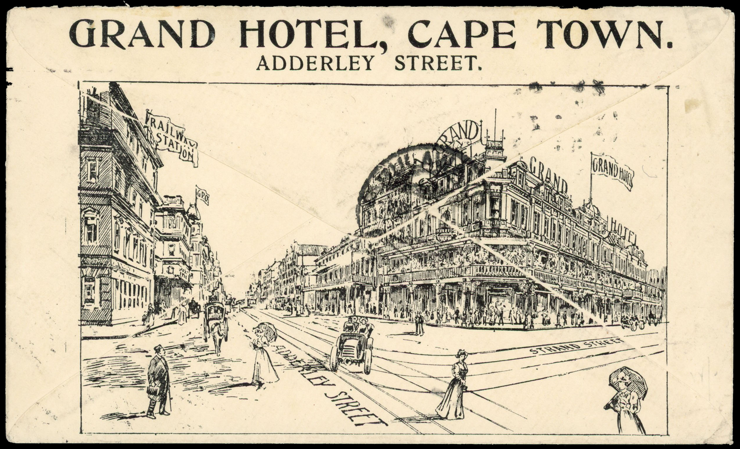 1911 illustrated Grand Hotel, Cape Town envelope to Rhodesia franked 1d Revenue adhesive tied Cape Town