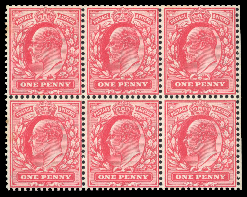 GB: 1902-10 1d rose-carmine, mint unmounted o.g. block of six with ‘INVERTED WATERMARK'